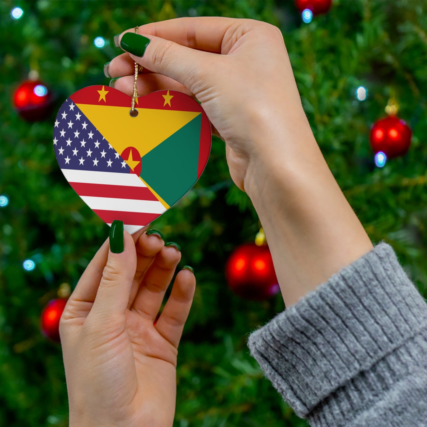 Grenadan American Flag Half Grenada USA Ceramic Ornament | Christmas Tree Ornaments