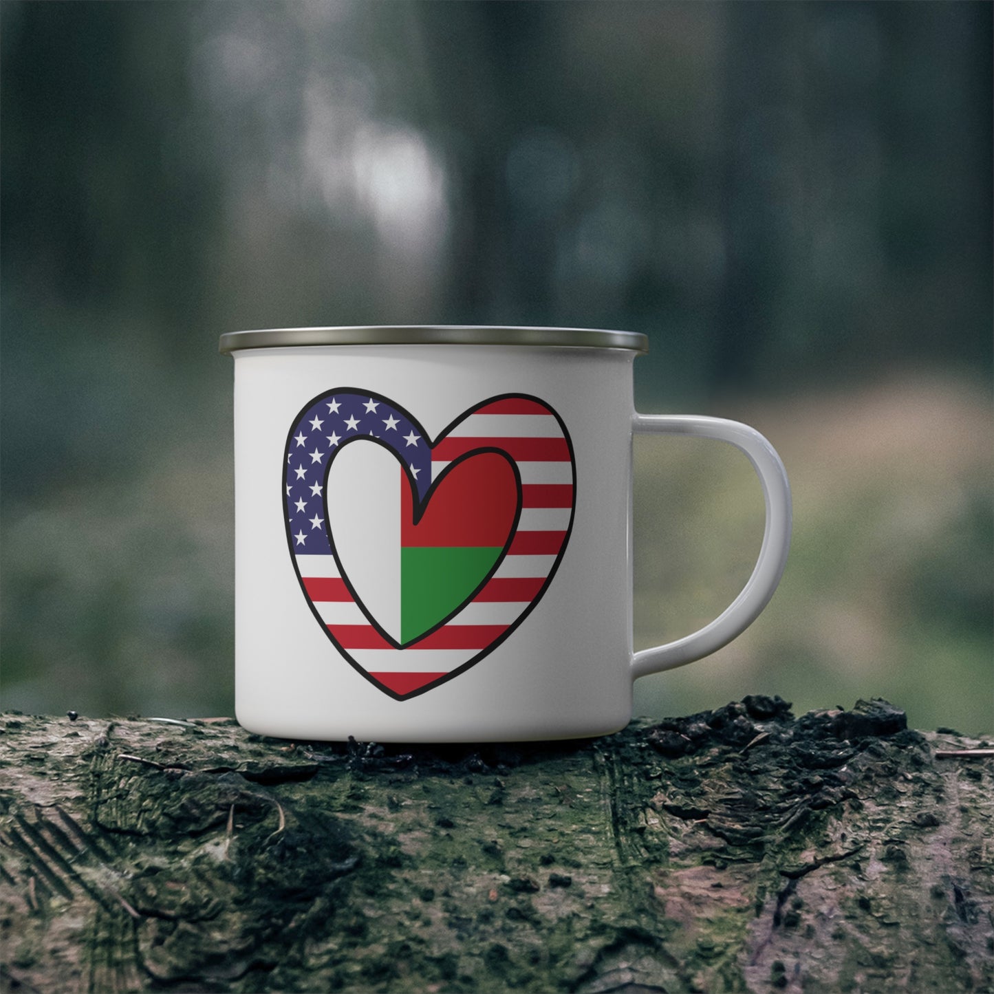 Madagascar American Heart Valentines Day Wedding Gift Half Madagascan USA Flag 12oz Enamel Mug