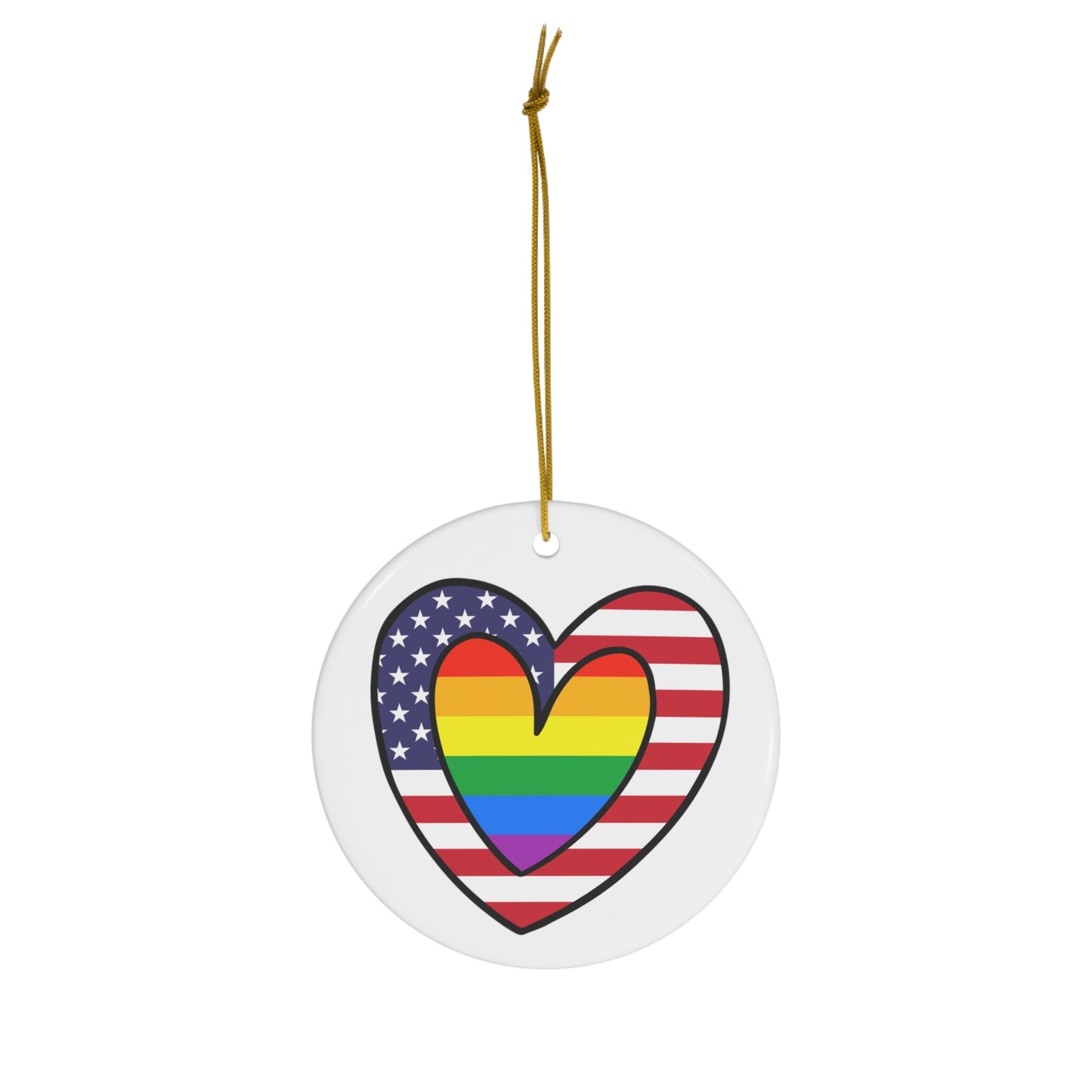 Rainbow American Flag Heart Pride Parade Ceramic Ornament | Christmas Tree Ornaments