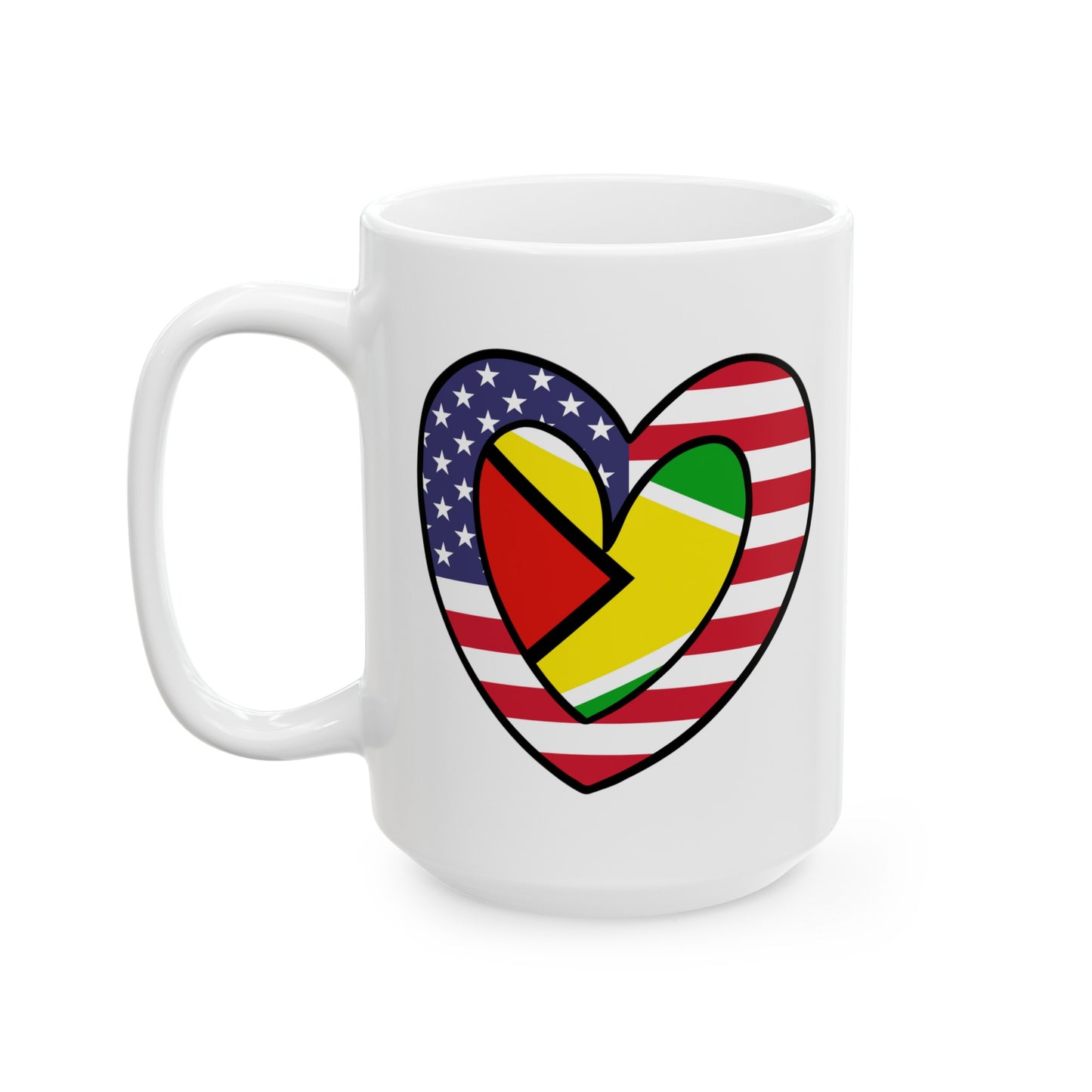 Guyanese American Heart Valentines Day Gift Half Guyana USA Flag Ceramic Mug 11oz, 15oz Cup