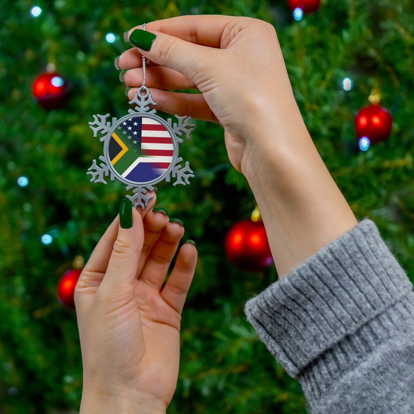 South Africa America Flag | USA Half South African Pewter Snowflake Ornament