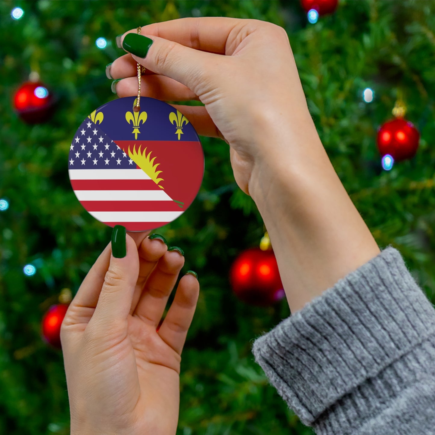 Guadeloupe American Flag Half Guadeloupean USA Ceramic Ornament | Christmas Tree Ornaments