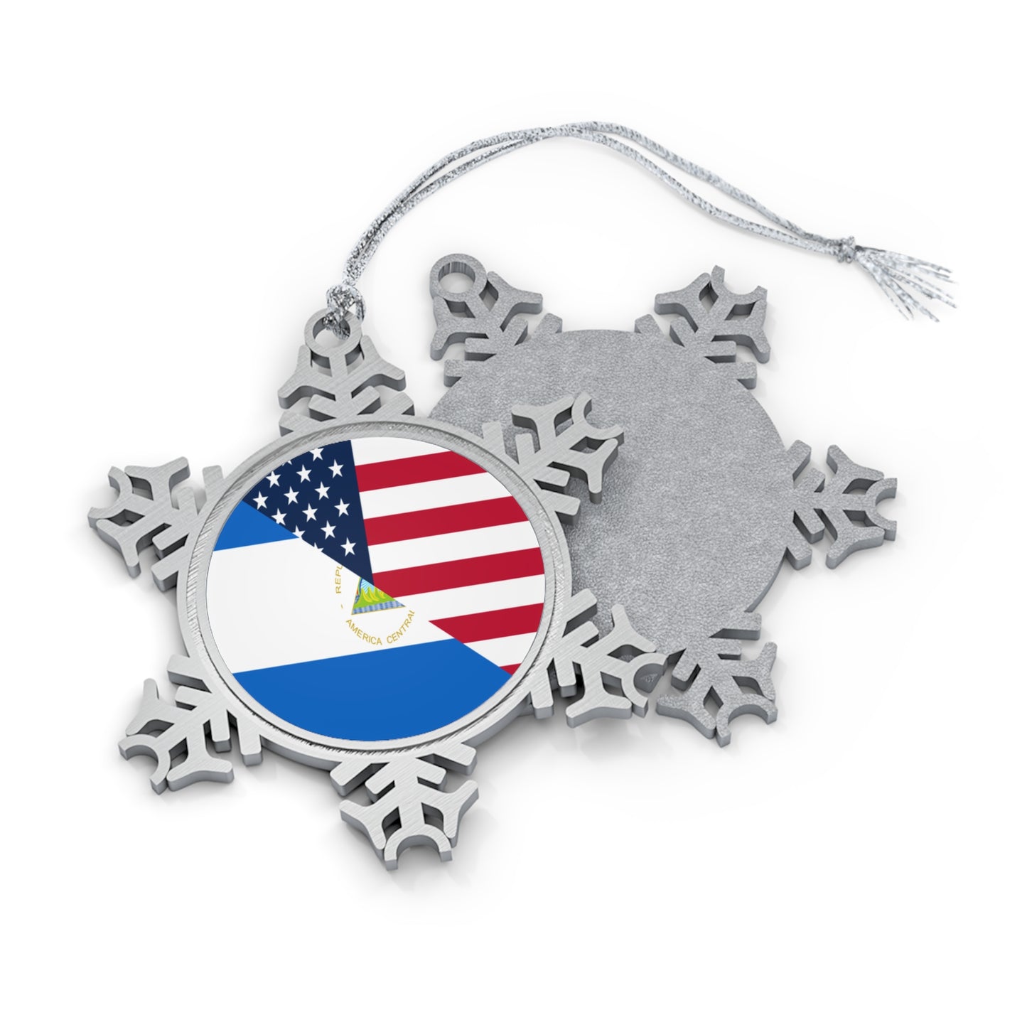 Nicaraguan American Flag Half Nicaragua USA Pewter Snowflake Ornament