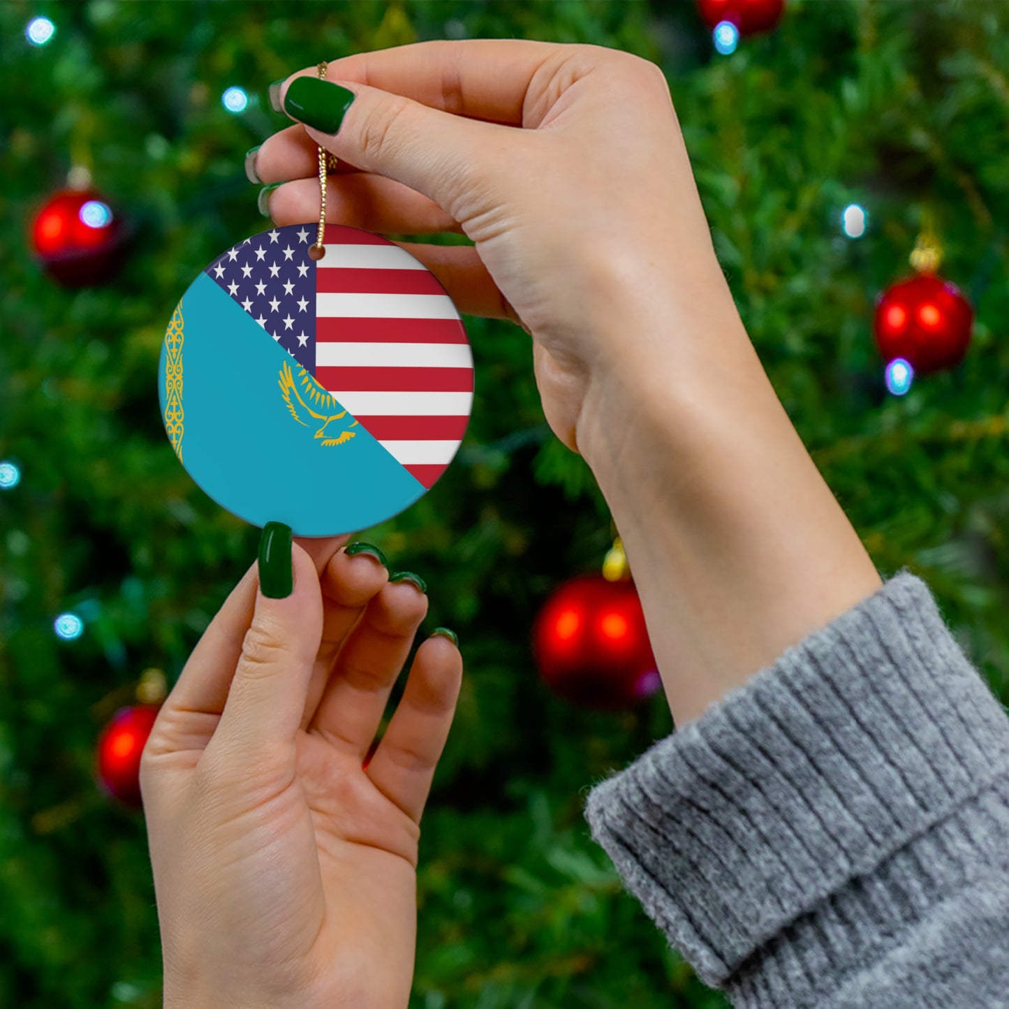 Kazakhstan American Flag USA Ceramic Ornament | Christmas Tree Ornaments