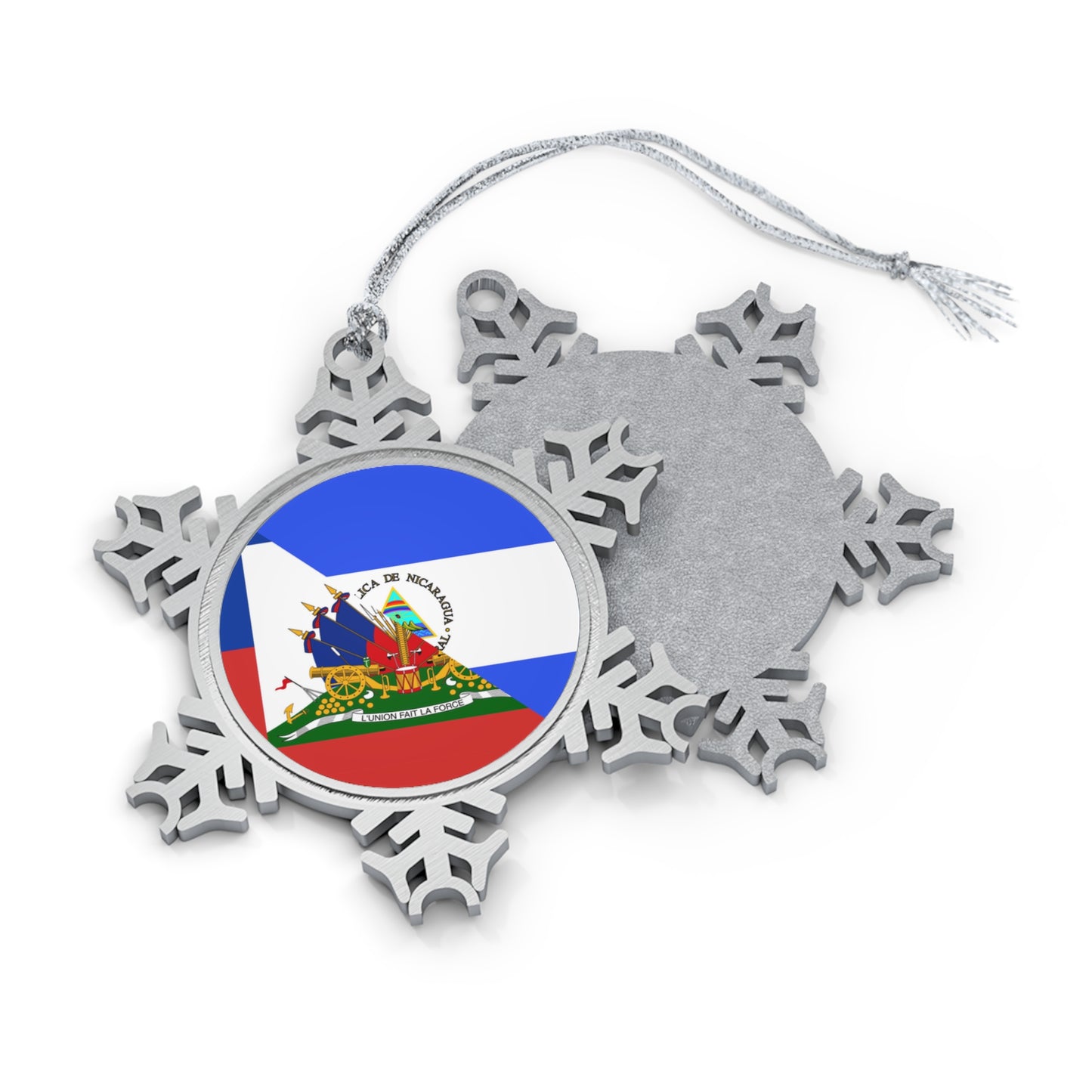 Haiti Nicaragua Flag | Half Haitian Nicaraguan Pewter Snowflake Ornament