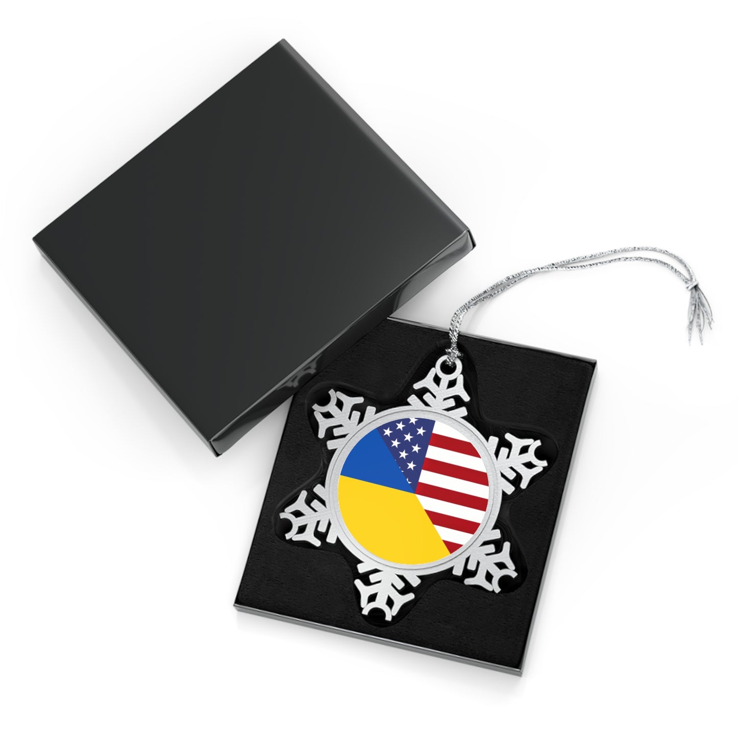 Ukrainian American Flag | Half Ukraine USA Pewter Snowflake Ornament