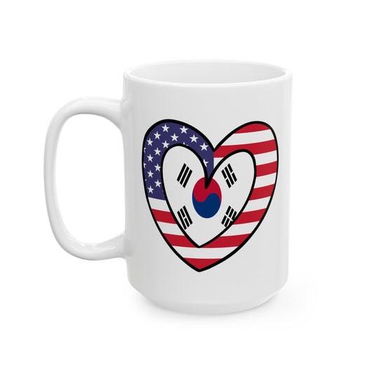 South Korean American Heart Valentines Day Gift Half Korea USA Flag Ceramic Mug 11oz, 15oz Cup