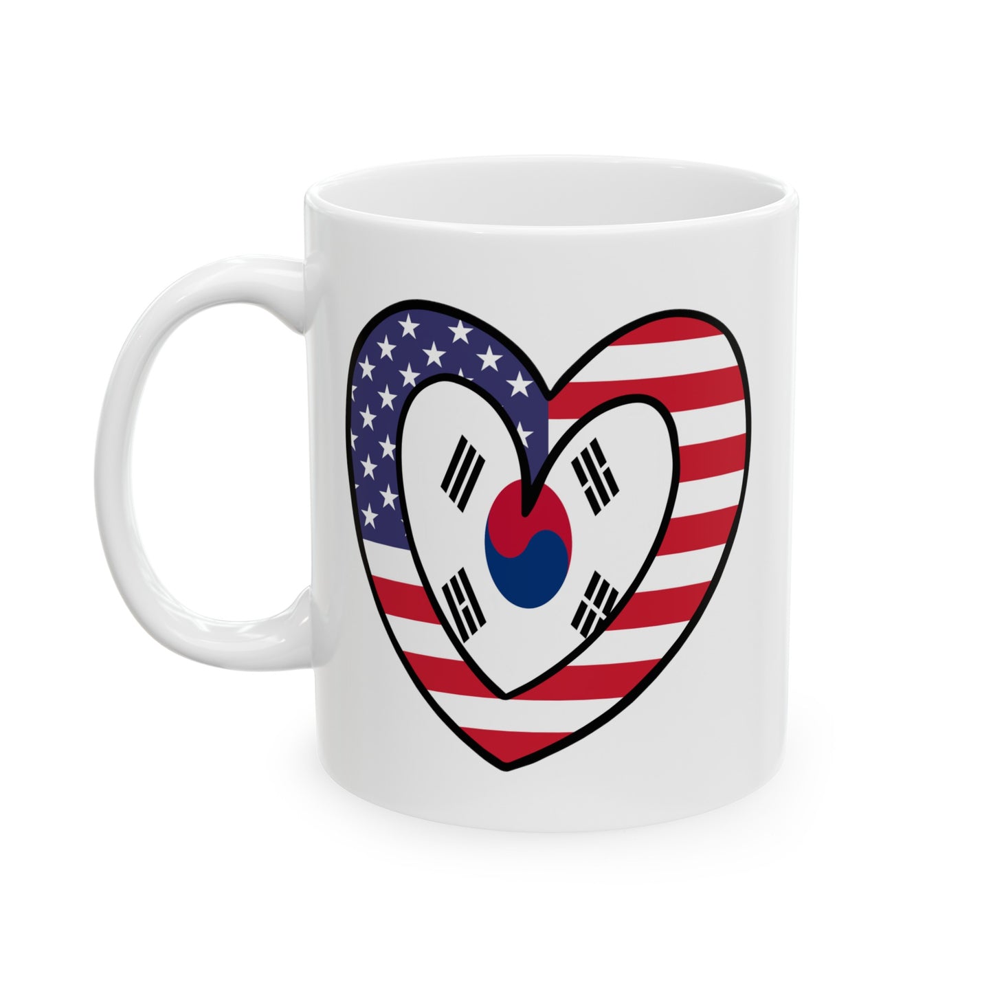 South Korean American Heart Valentines Day Gift Half Korea USA Flag Ceramic Mug 11oz, 15oz Cup