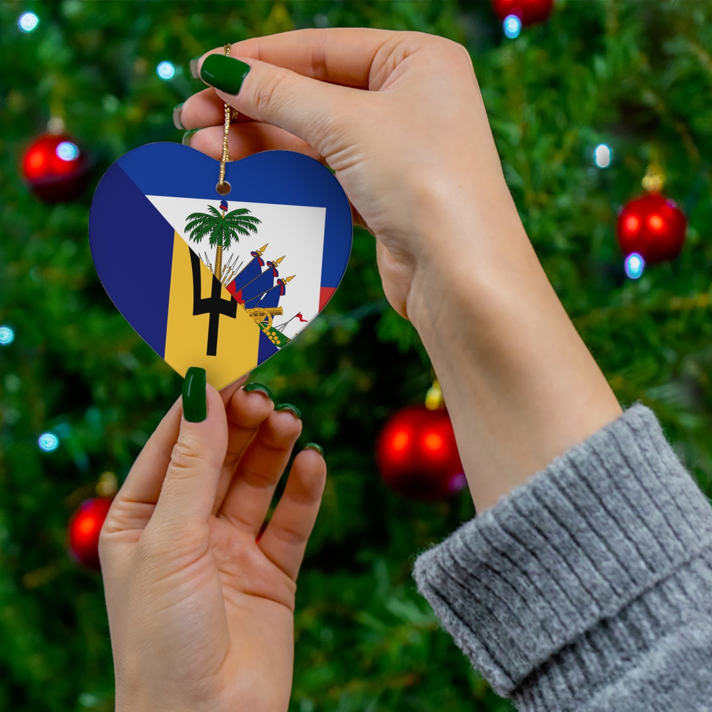 Haitian Bajan Flag Half Haiti Barbados Ceramic Ornament | Christmas Tree Ornaments