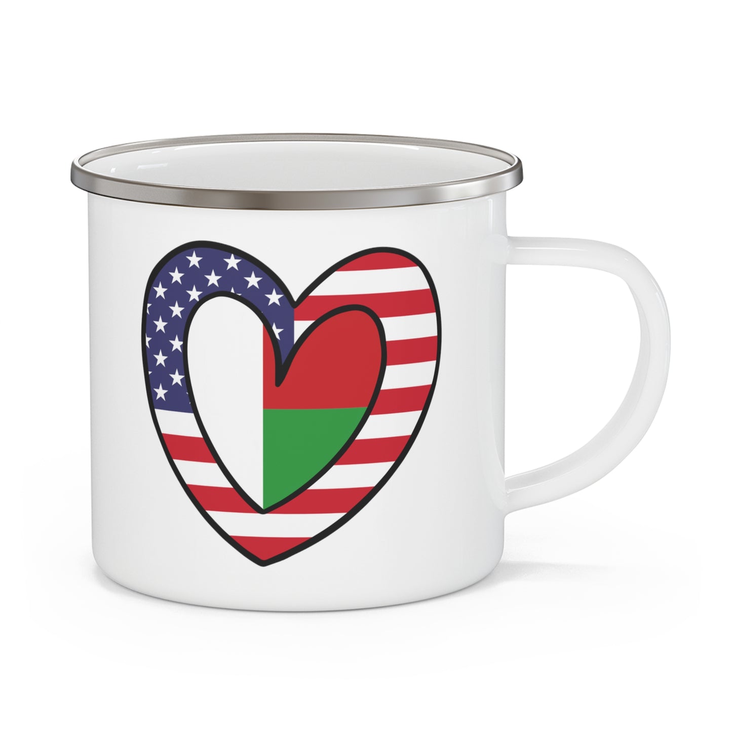 Madagascar American Heart Valentines Day Wedding Gift Half Madagascan USA Flag 12oz Enamel Mug