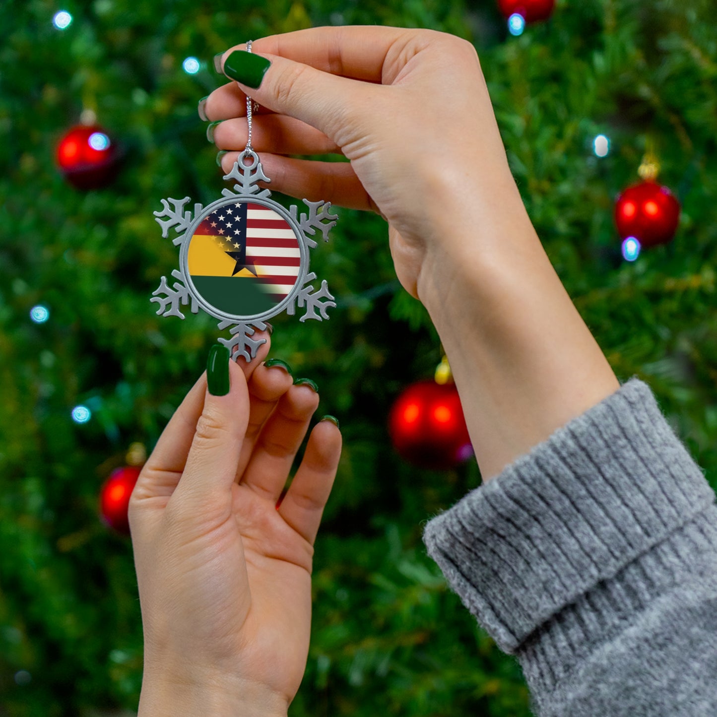 Ghana America Flag | Half Ghanaian Pewter Snowflake Ornament