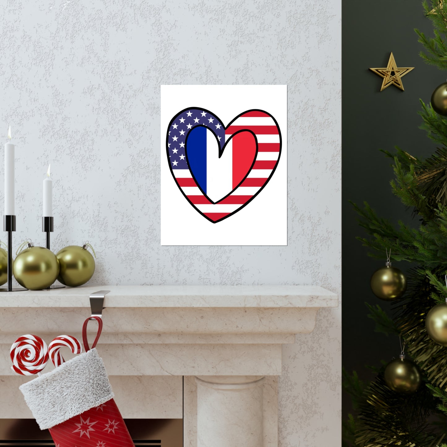 French American Heart Valentines Day Gift Half France USA Flag Premium Matte Poster