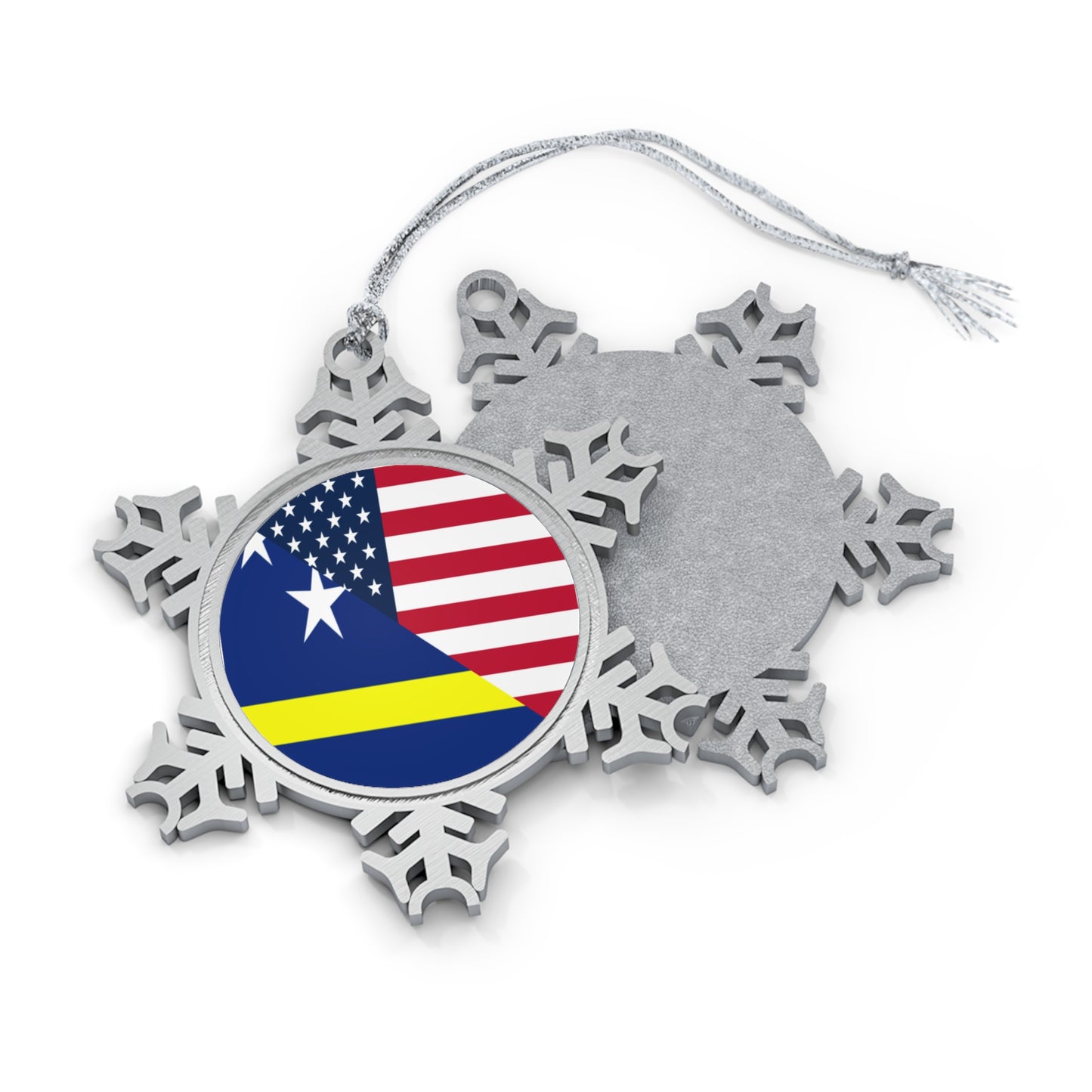 Curacao American Flag Half Curacaoan USA Pewter Snowflake Ornament