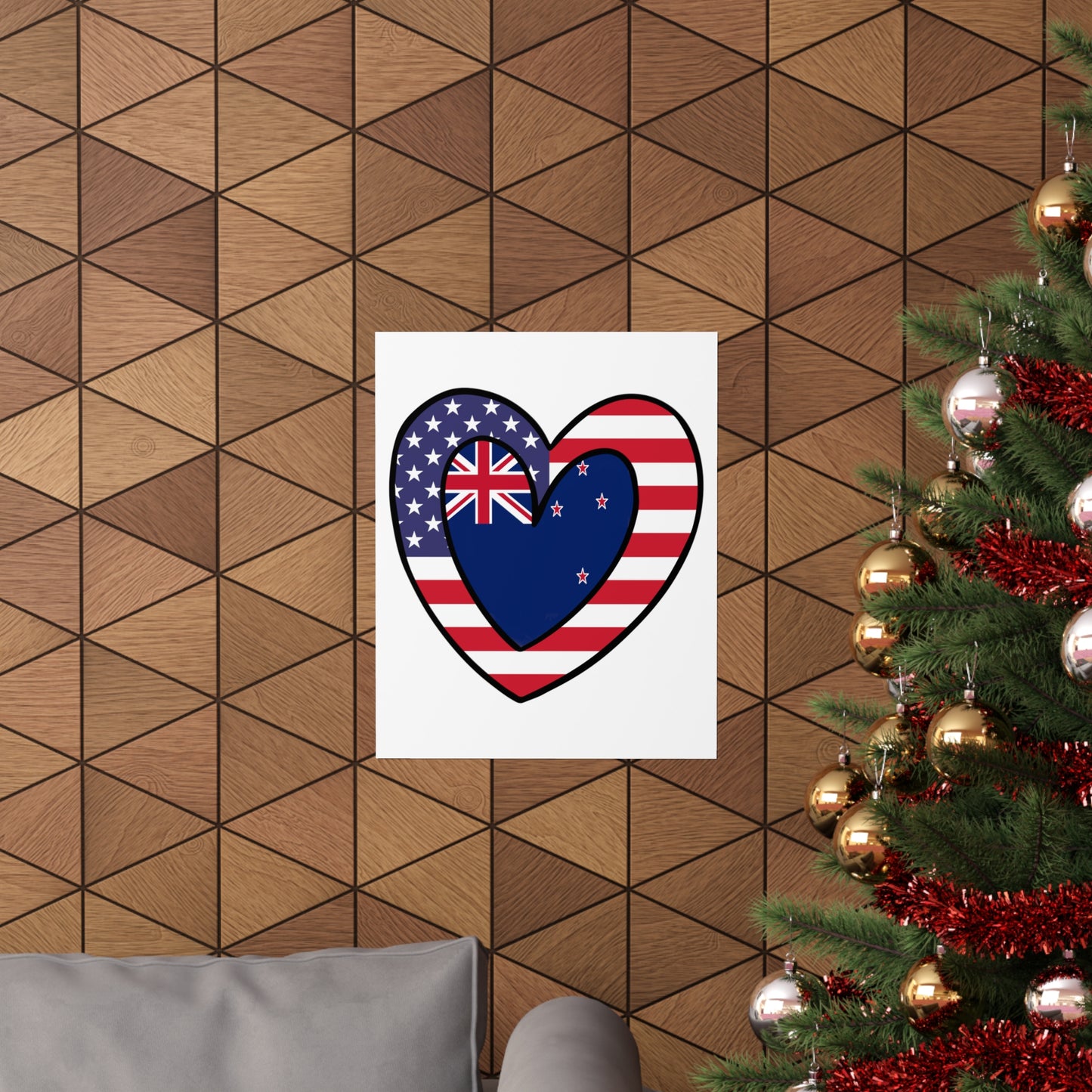 Kiwi American Heart Valentines Day Gift Half New Zealand USA Flag Premium Matte Poster