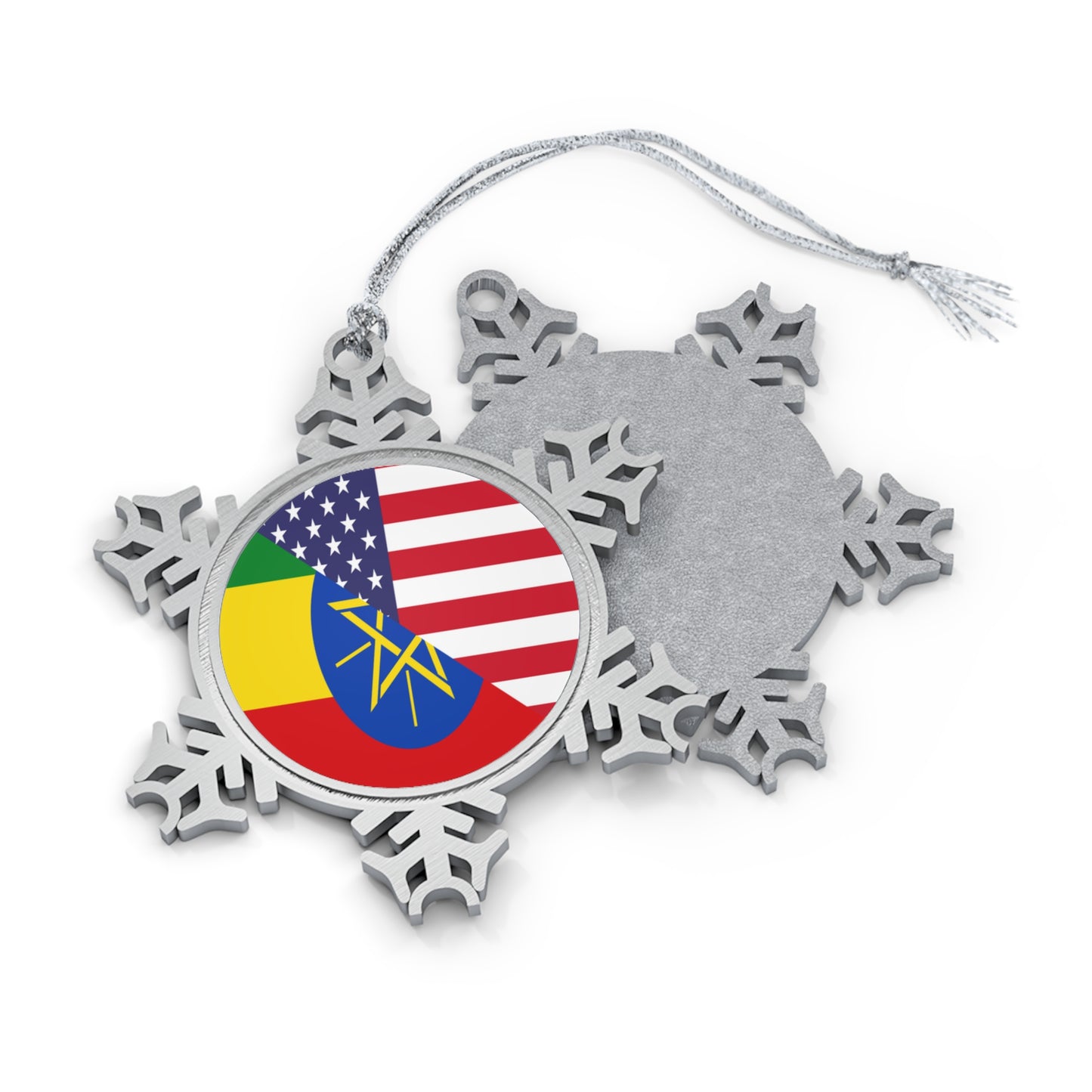 Ethiopian American Flag Ethiopia USA Pewter Snowflake Ornament