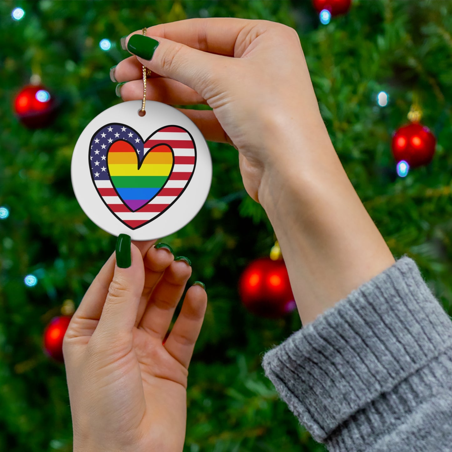 Rainbow American Flag Heart Pride Parade Ceramic Ornament | Christmas Tree Ornaments