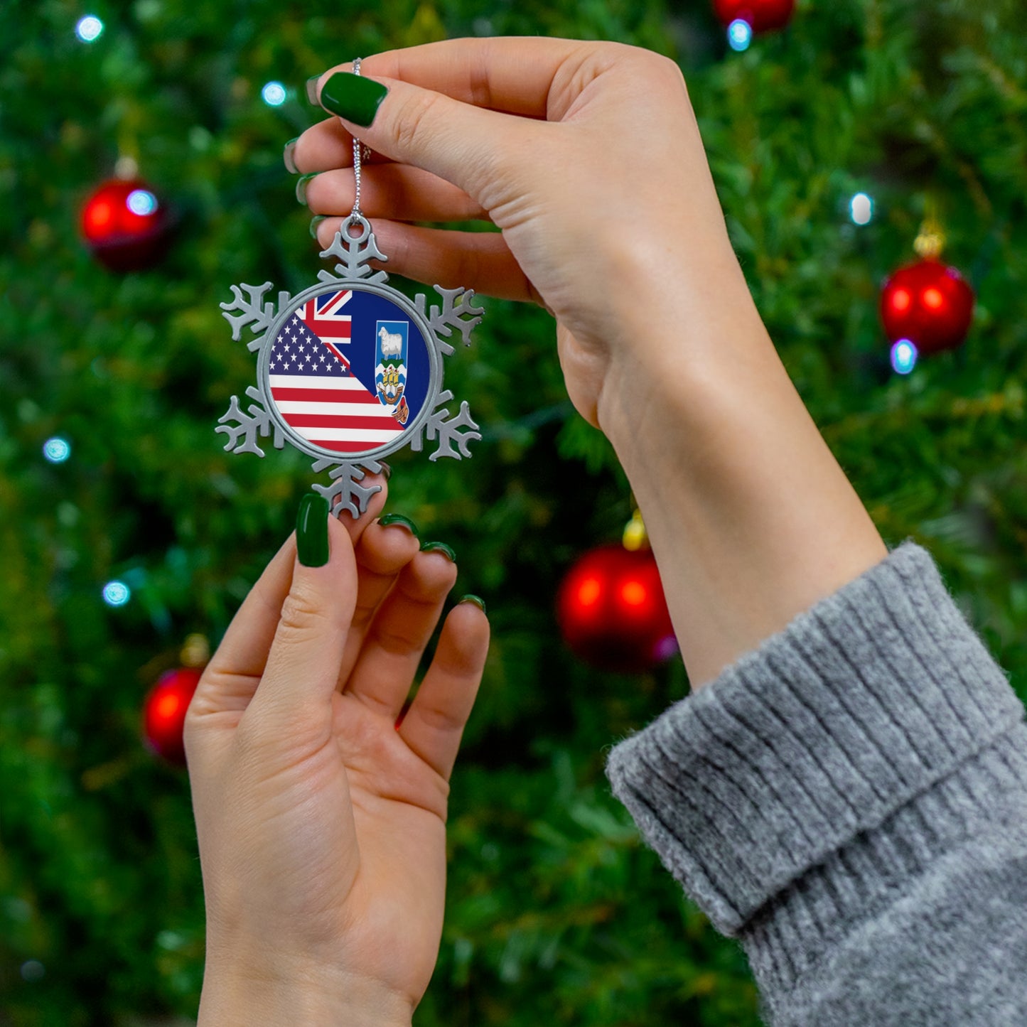 Falkland Islands American Flag Half Falklanders USA Pewter Snowflake Ornament