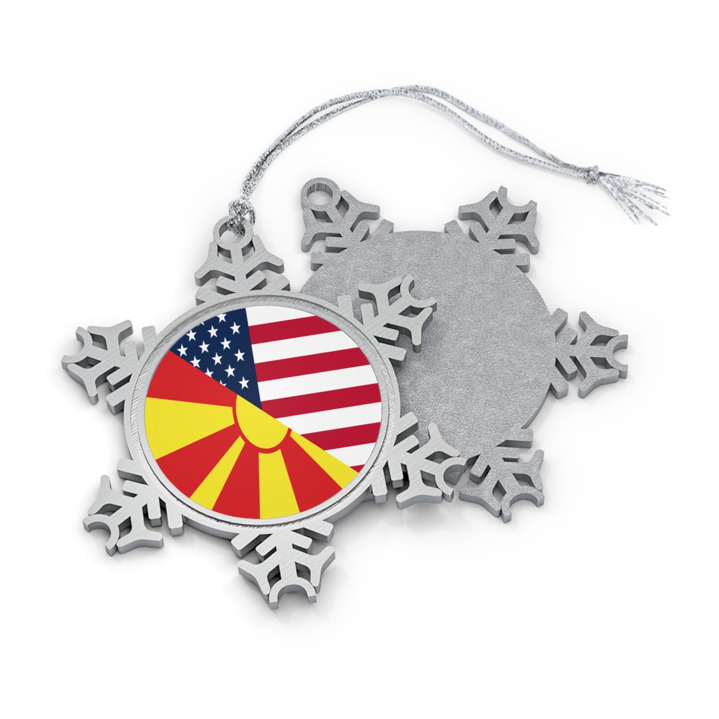 North Macedonia American Flag Half Macedonian USA Pewter Snowflake Ornament