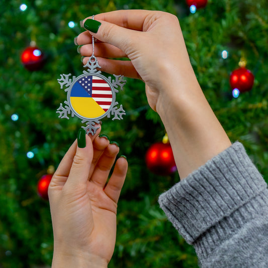 Ukrainian American Flag | Half Ukraine USA Pewter Snowflake Ornament