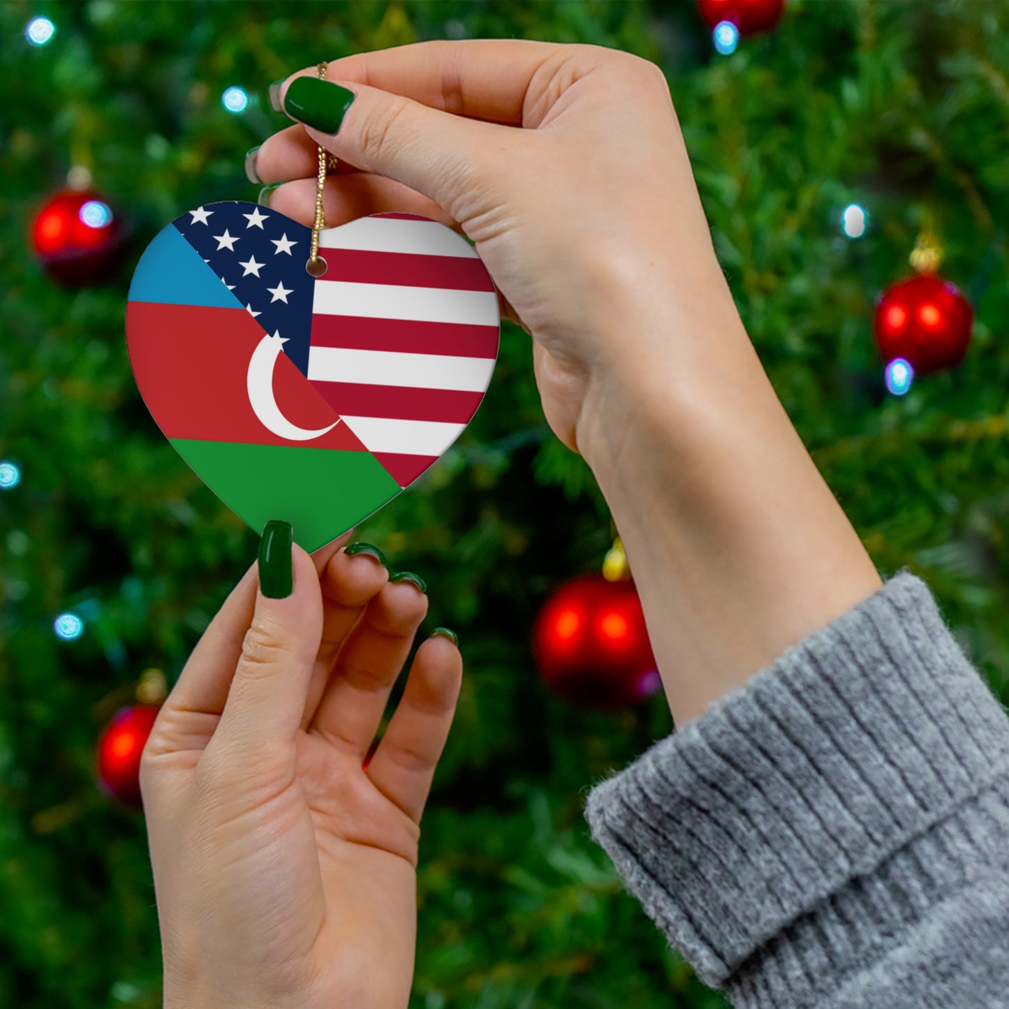 Azerbaijan American Flag USA Ceramic Ornament | Christmas Tree Ornaments