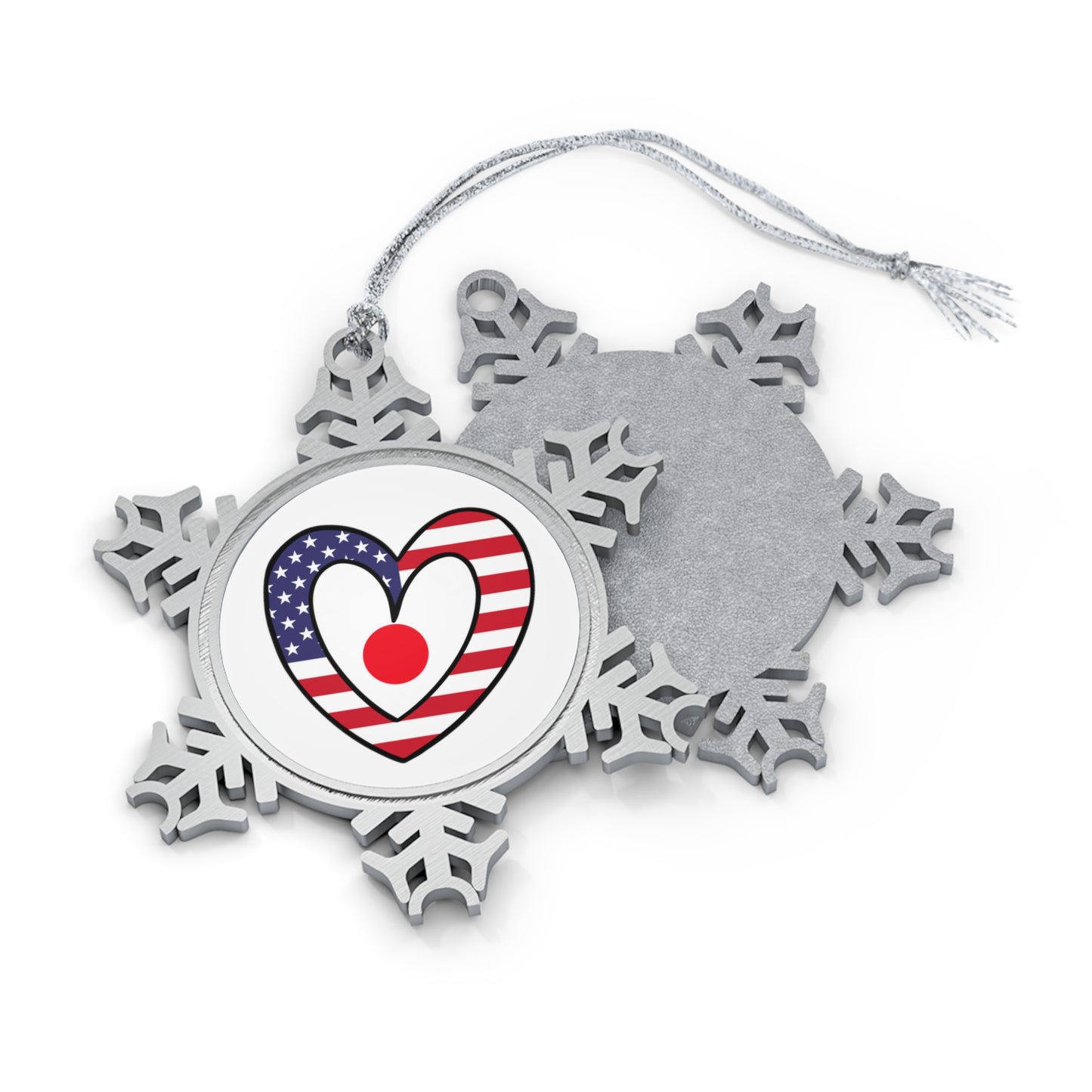 Japanese American Heart Valentines Day Gift Half Japan USA Flag Pewter Snowflake Ornament