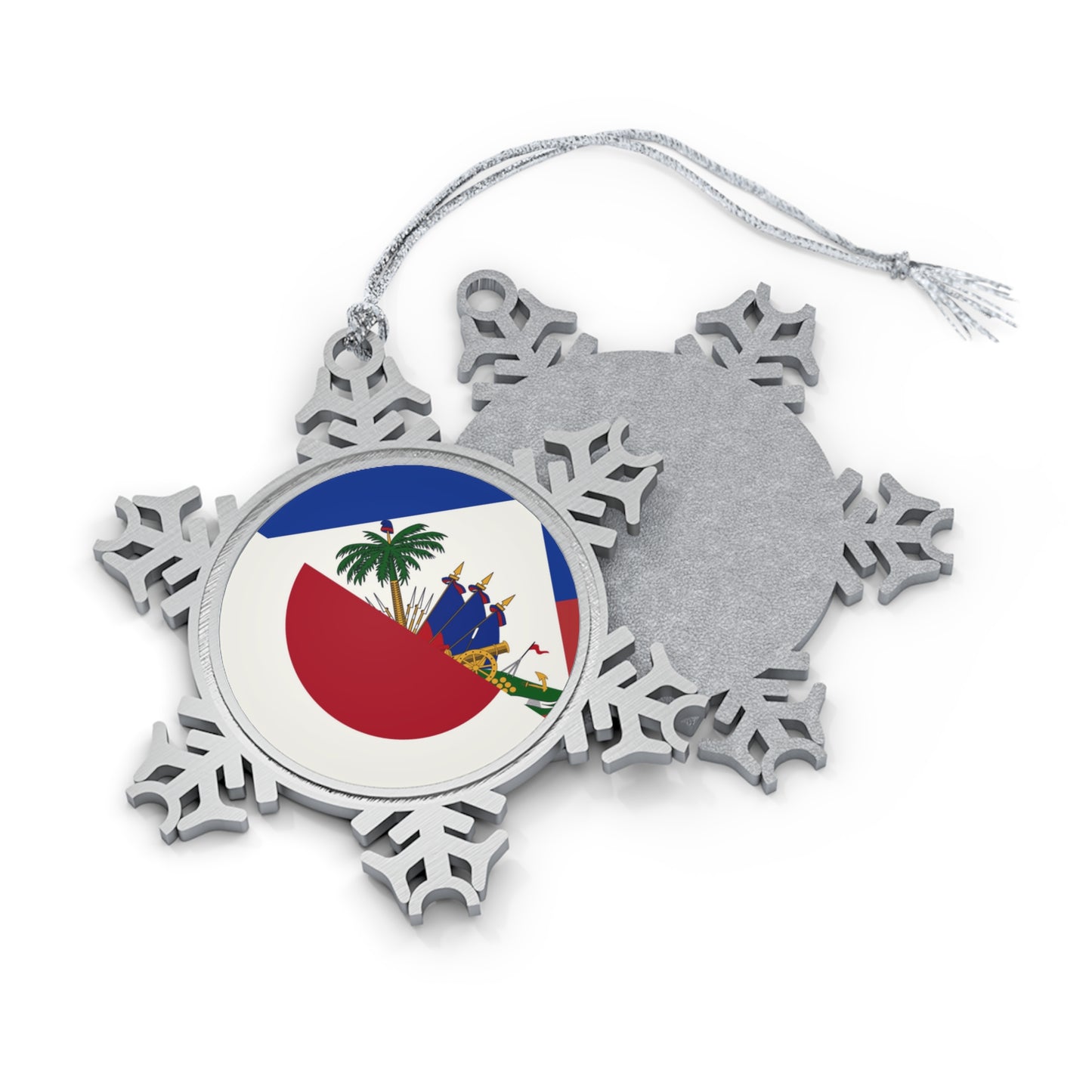 Haitian Japanese Flag | Half Haiti Japan Pewter Snowflake Ornament