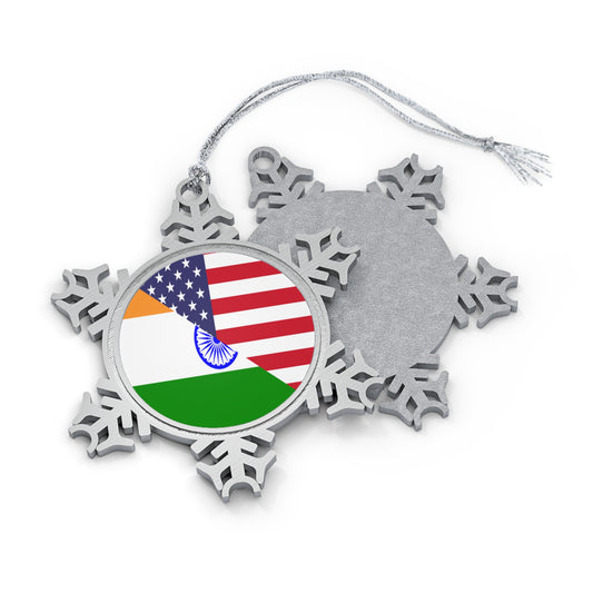 Indian American Flag Half India USA Pewter Snowflake Ornament