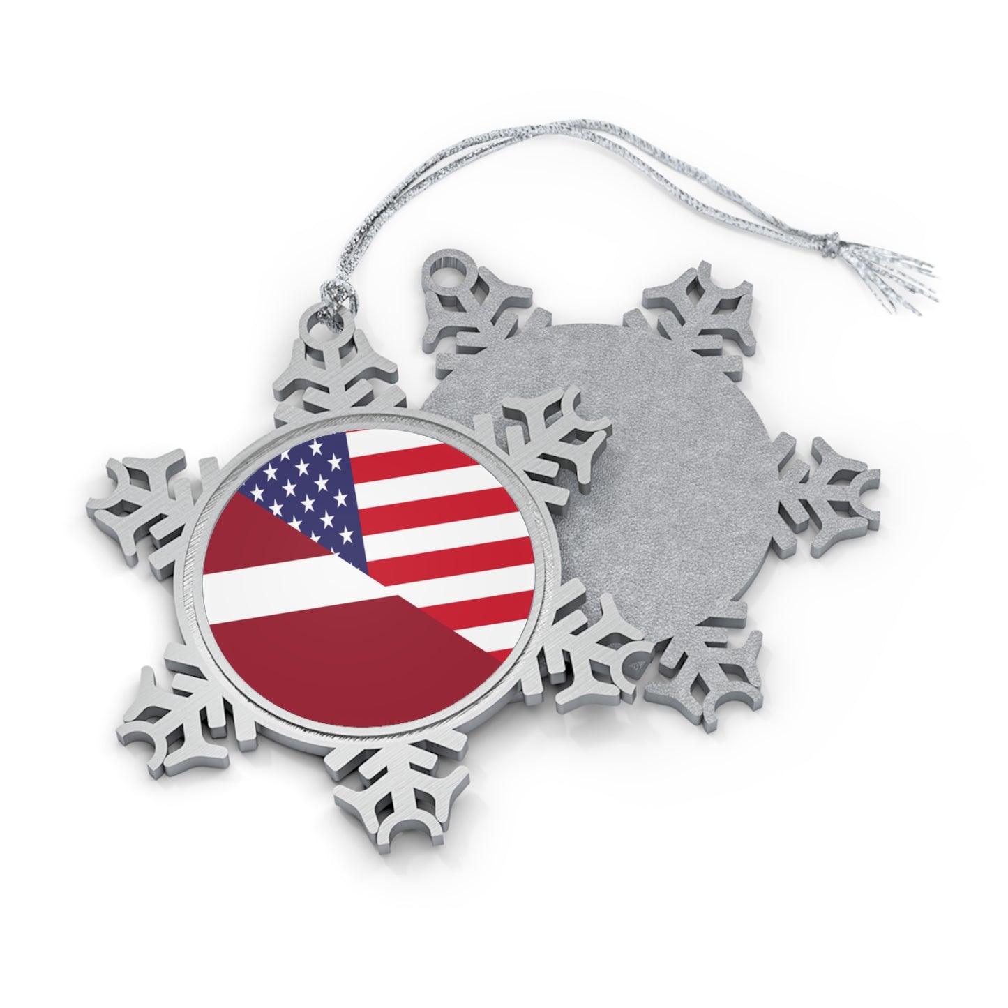 Latvian American Flag Latvia USA Pewter Snowflake Ornament