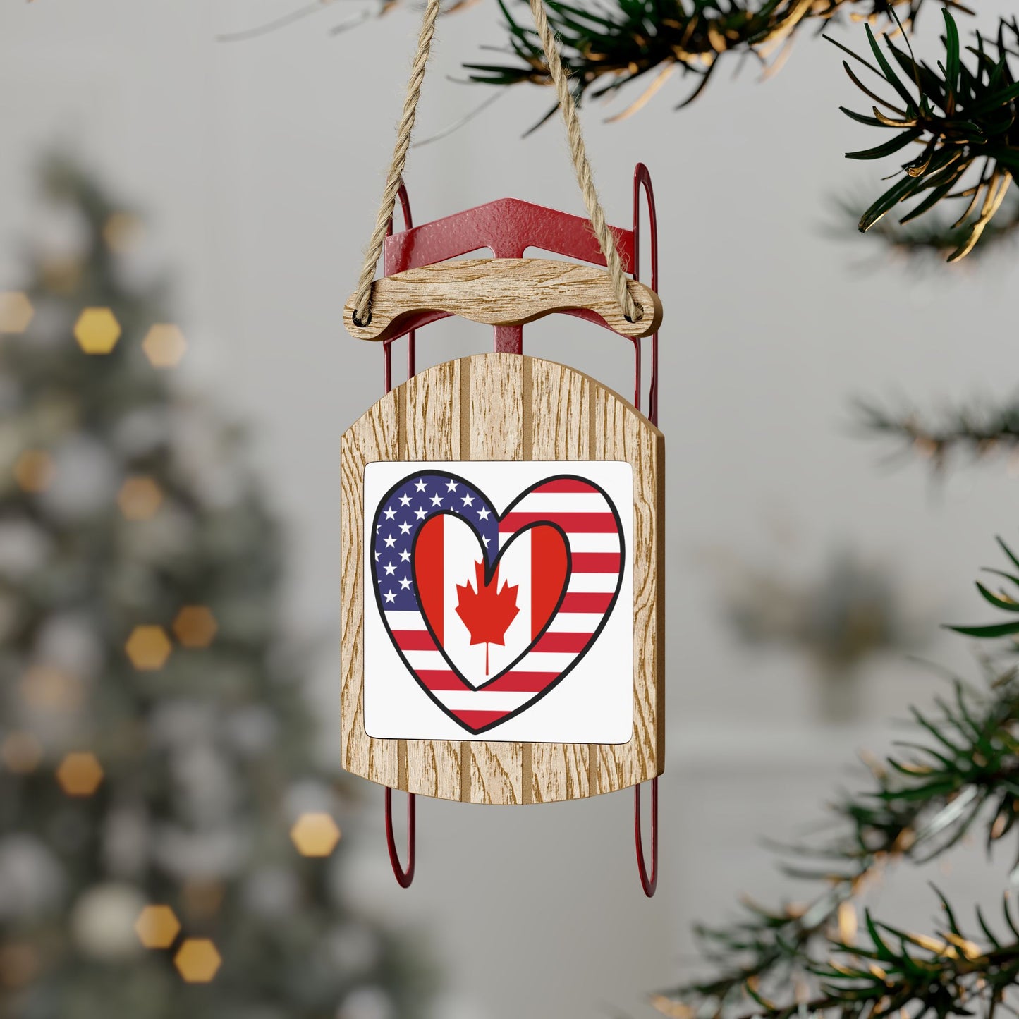 Canadian American Heart Gift Half Canada USA Flag Sled Ornament Christmas Tree Ornaments