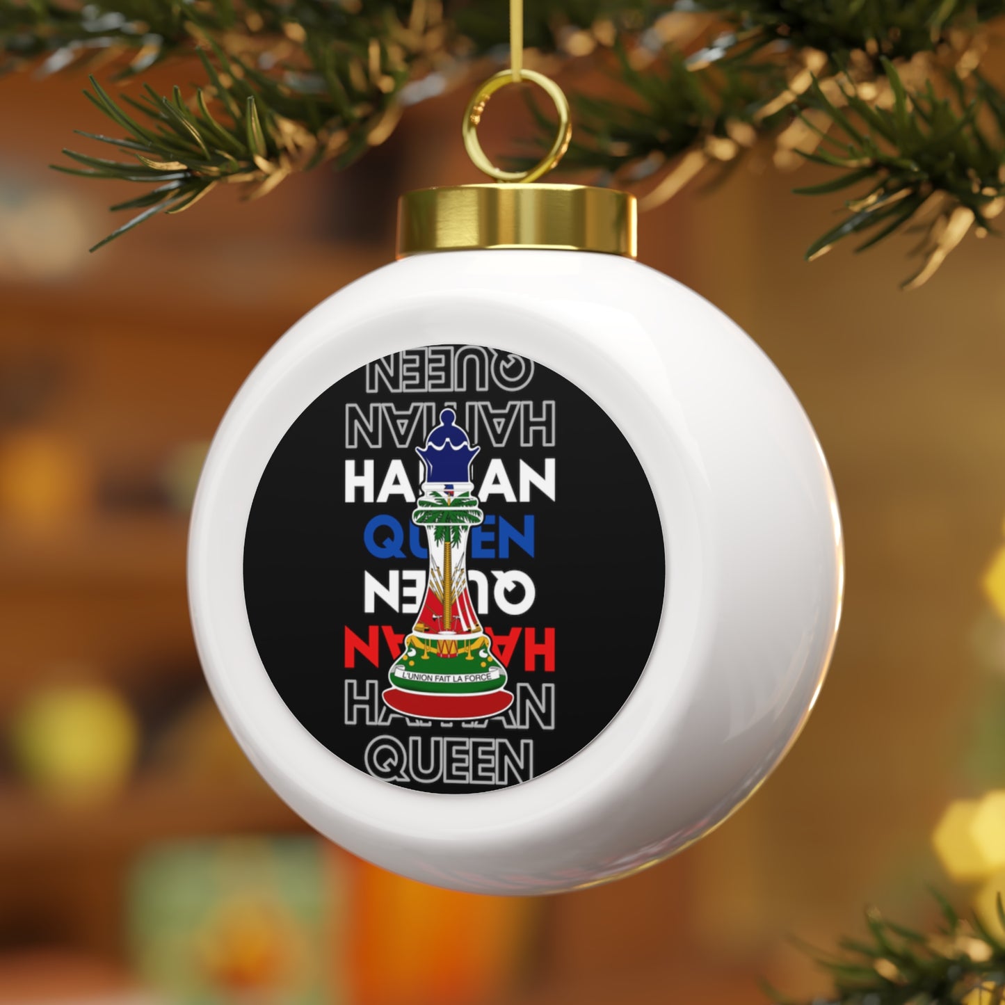 Haitian Queen Chess Piece Text | Haiti Flag Christmas Tree Ball Ornament