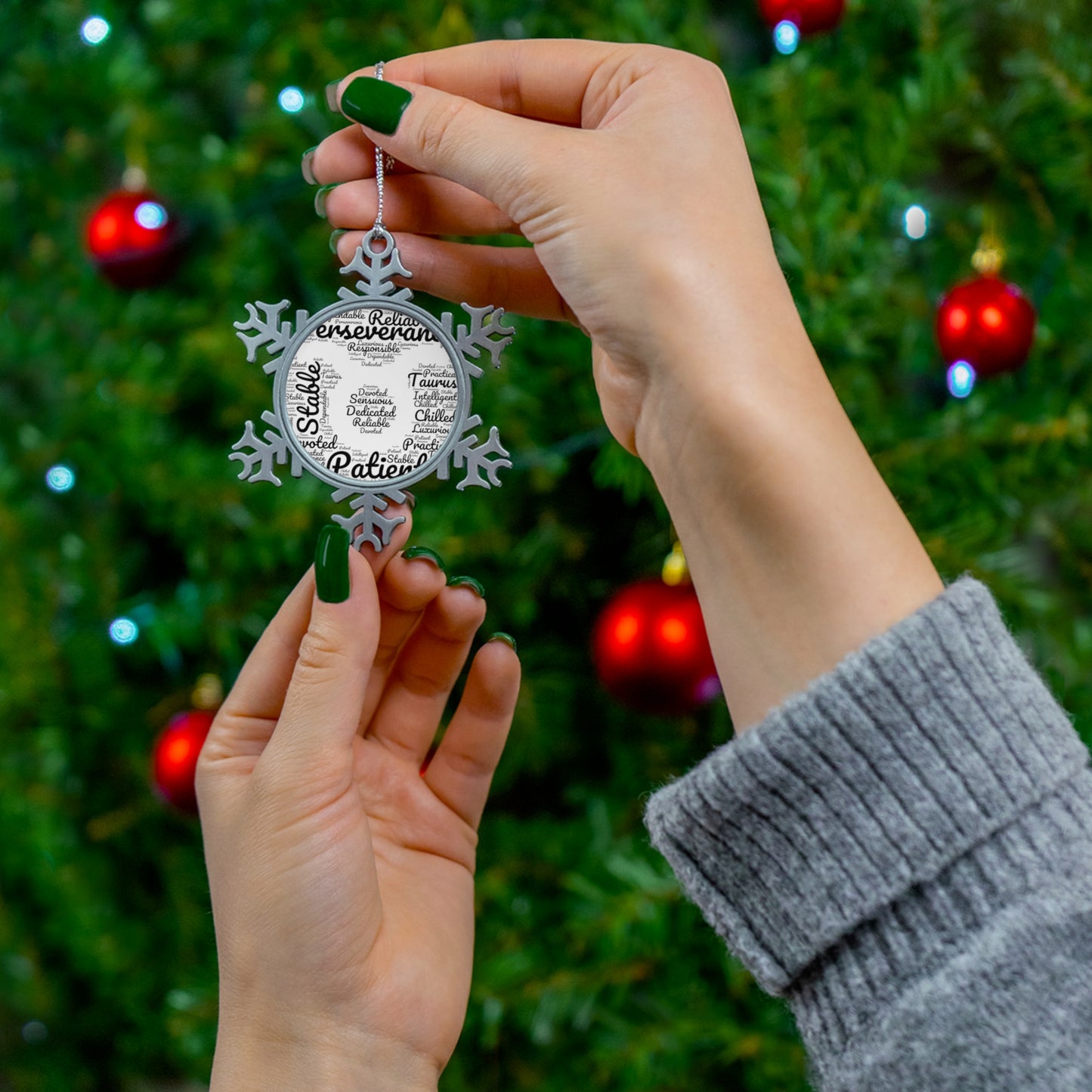 Taurus Zodiac Sign Black Pewter Snowflake Ornament