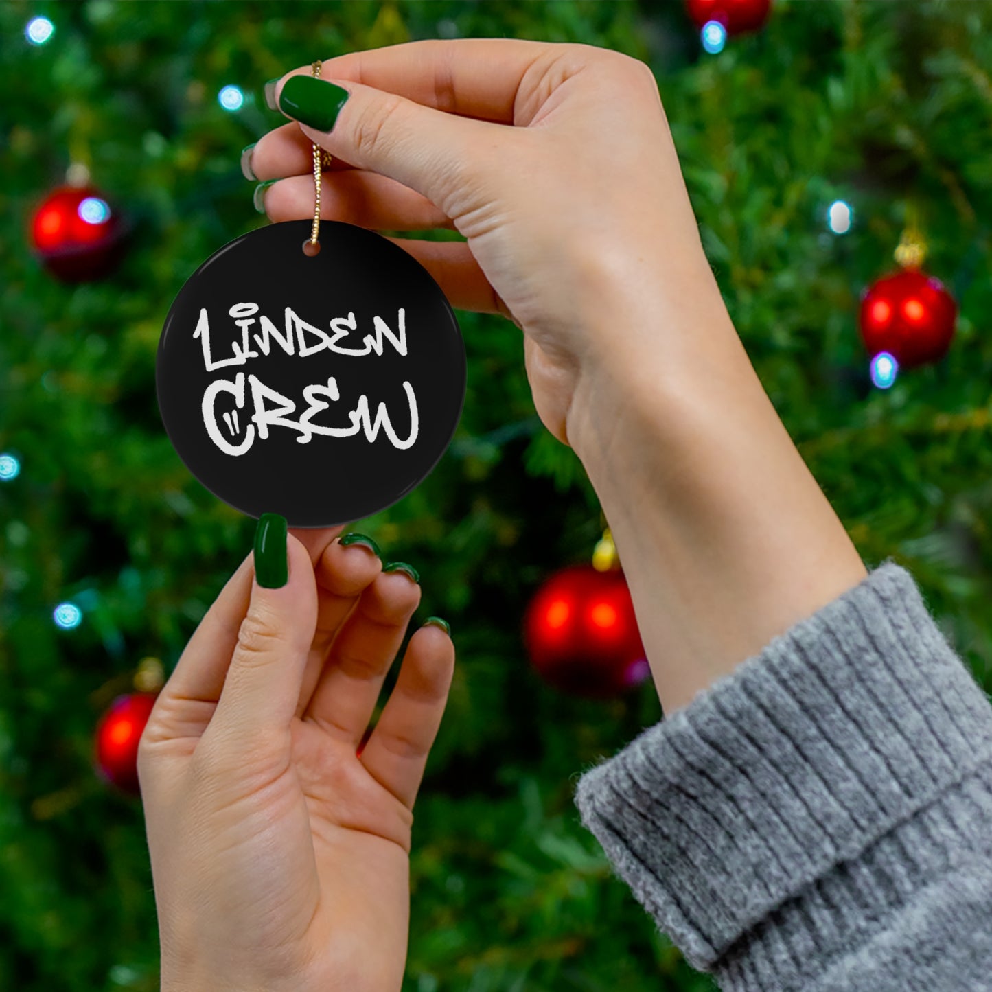 Linden Crew Funky White Text Ceramic Ornament | Christmas Tree Ornaments