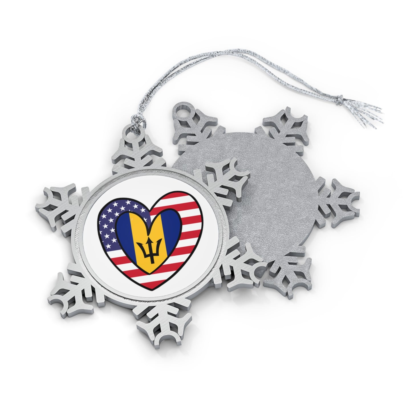 Bajan American Heart Valentines Day Gift Half Bahamas USA Flag Pewter Snowflake Ornament