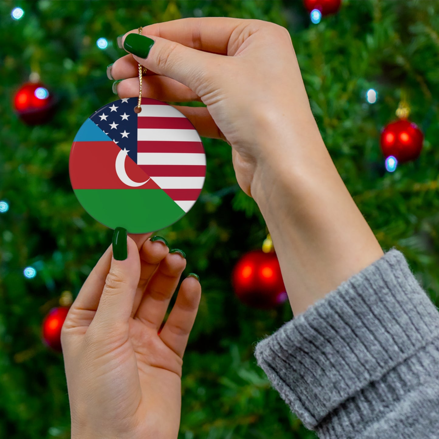 Azerbaijan American Flag USA Ceramic Ornament | Christmas Tree Ornaments