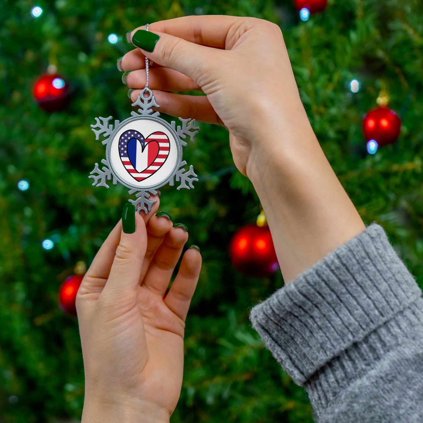 French American Heart Valentines Day Gift Half France USA Flag Pewter Snowflake Ornament