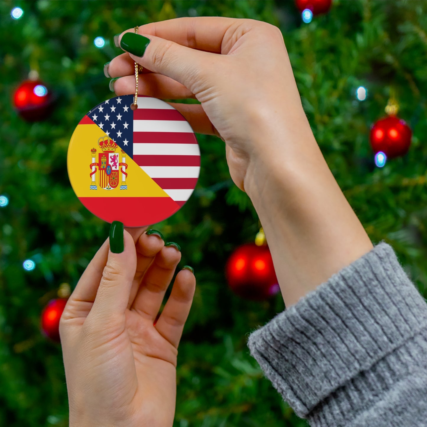 Spain American Flag Half Spanish USA Ceramic Ornament | Christmas Tree Ornaments