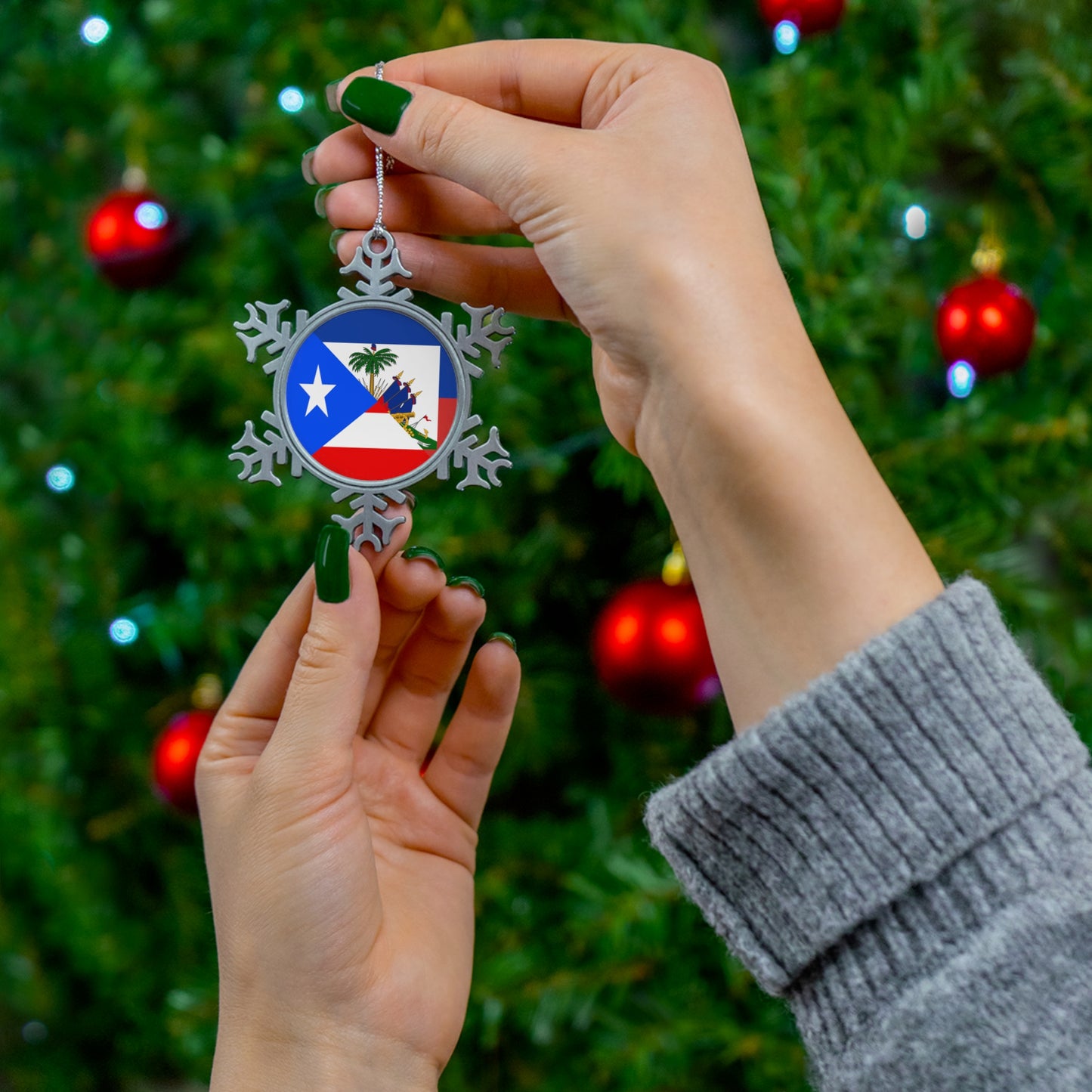 Puerto Rican Haitian Flag Half PR Haiti Pewter Snowflake Ornament