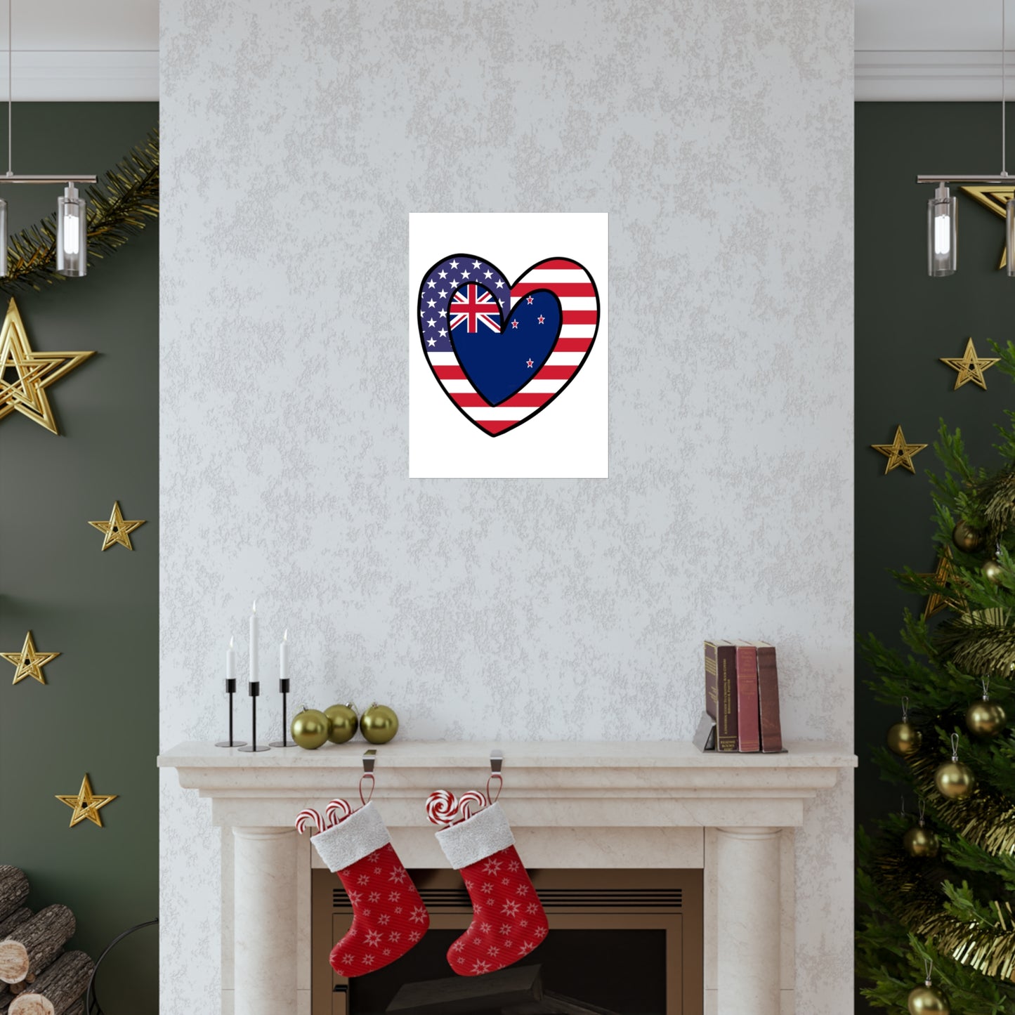 Kiwi American Heart Valentines Day Gift Half New Zealand USA Flag Premium Matte Poster