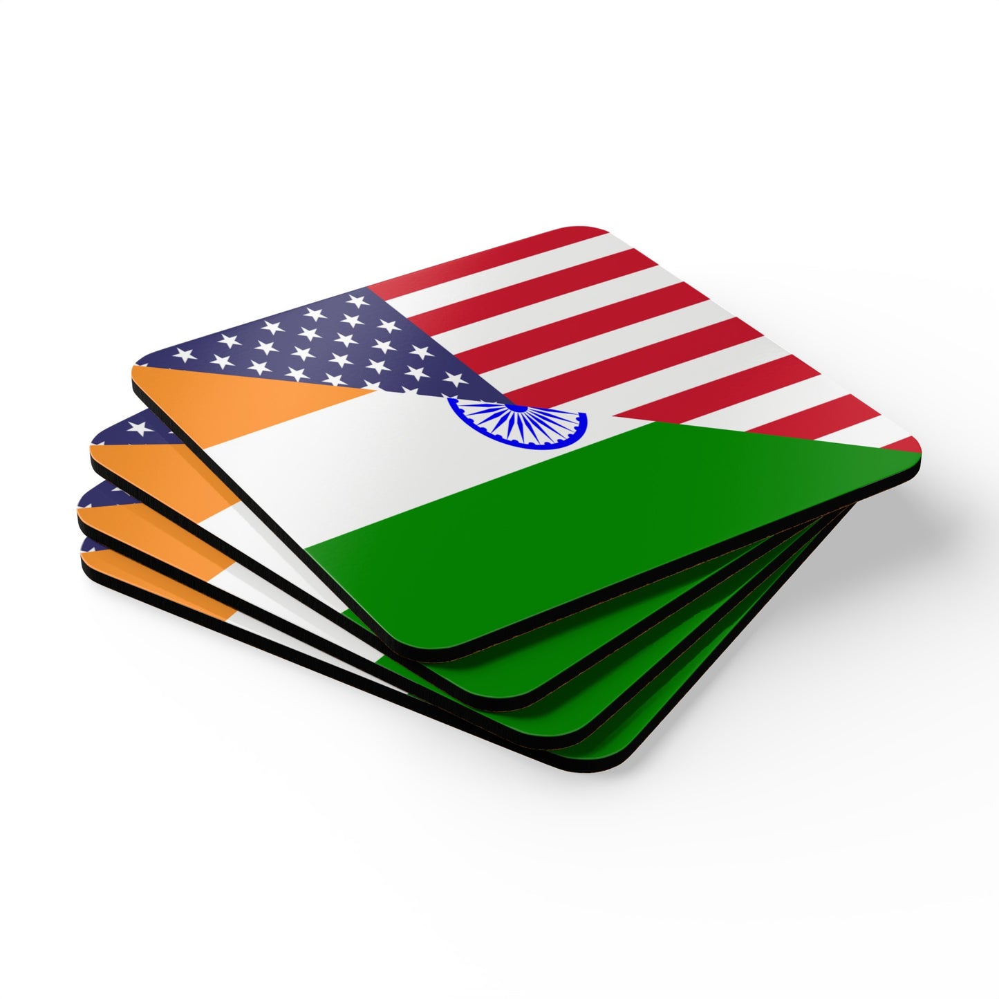 Indian American Flag India USA Corkwood Coaster Set