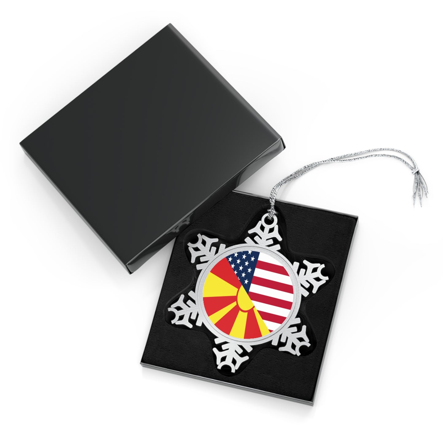 North Macedonia American Flag Half Macedonian USA Pewter Snowflake Ornament