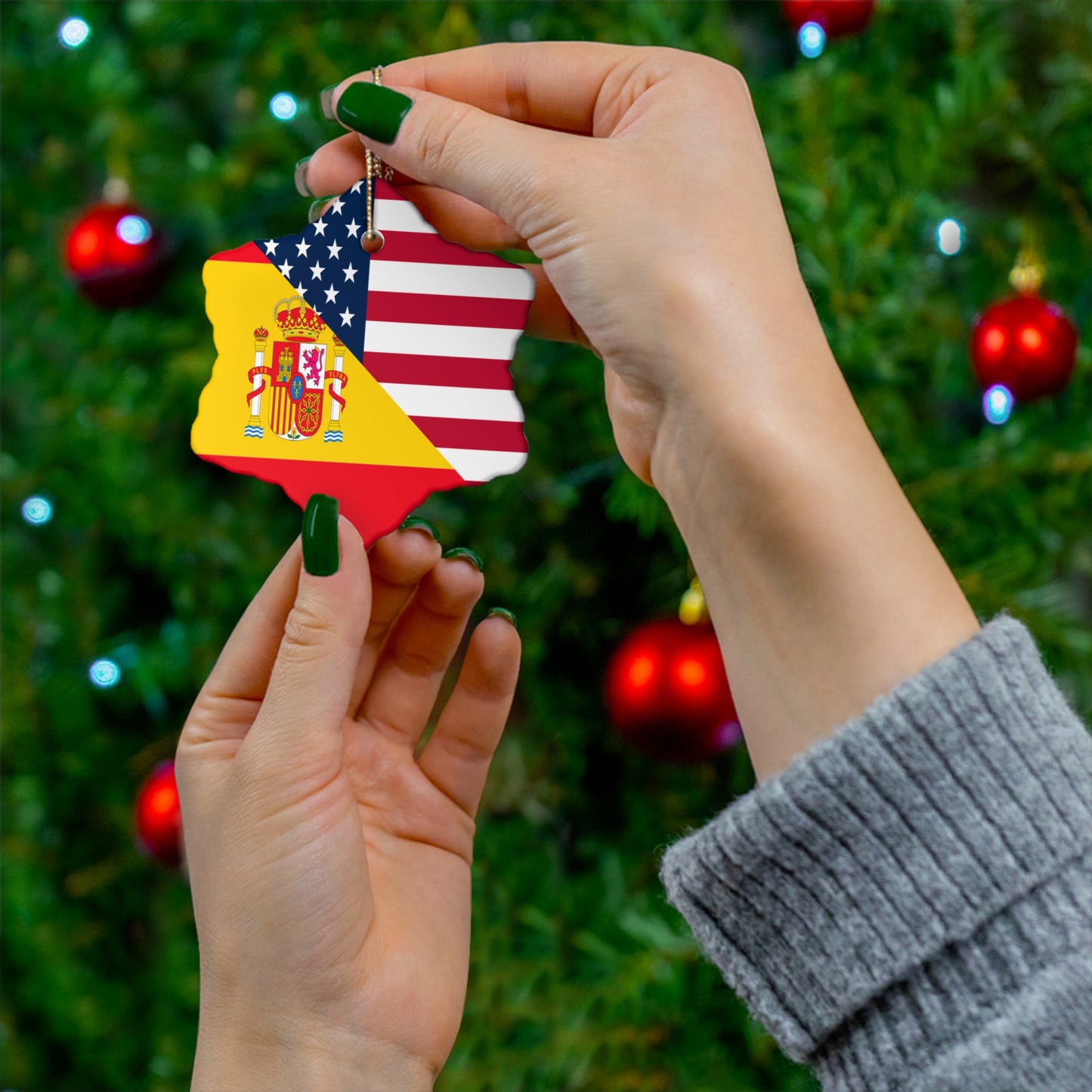 Spain American Flag Half Spanish USA Ceramic Ornament | Christmas Tree Ornaments