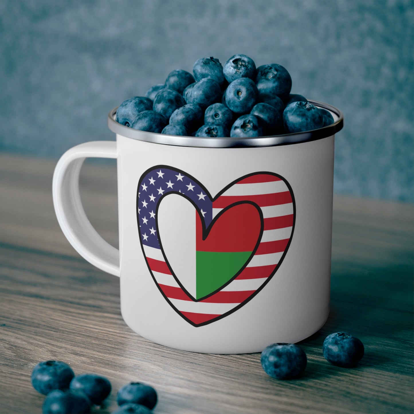 Madagascar American Heart Valentines Day Wedding Gift Half Madagascan USA Flag 12oz Enamel Mug