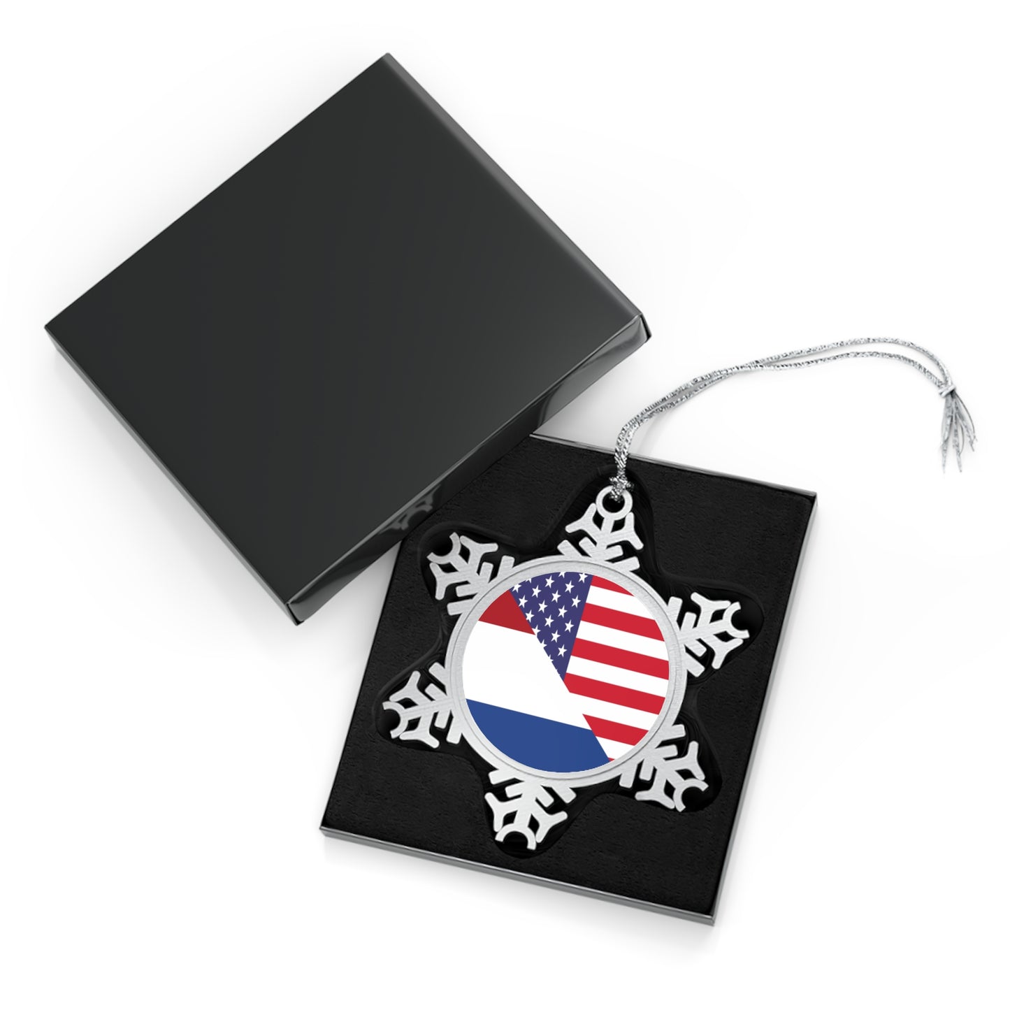 Netherlands American Flag USA Pewter Snowflake Ornament