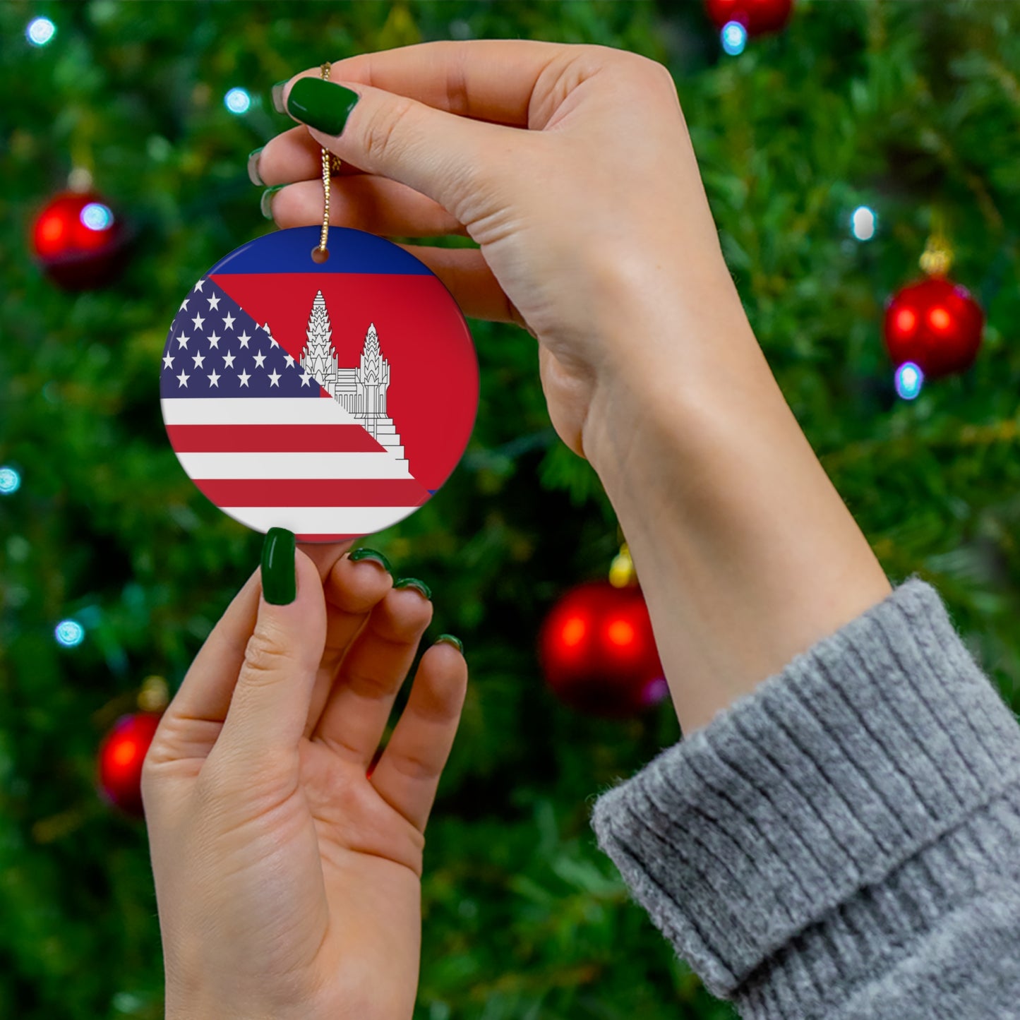 Cambodian American Flag Half Cambodia USA Ceramic Ornament | Christmas Tree Ornaments