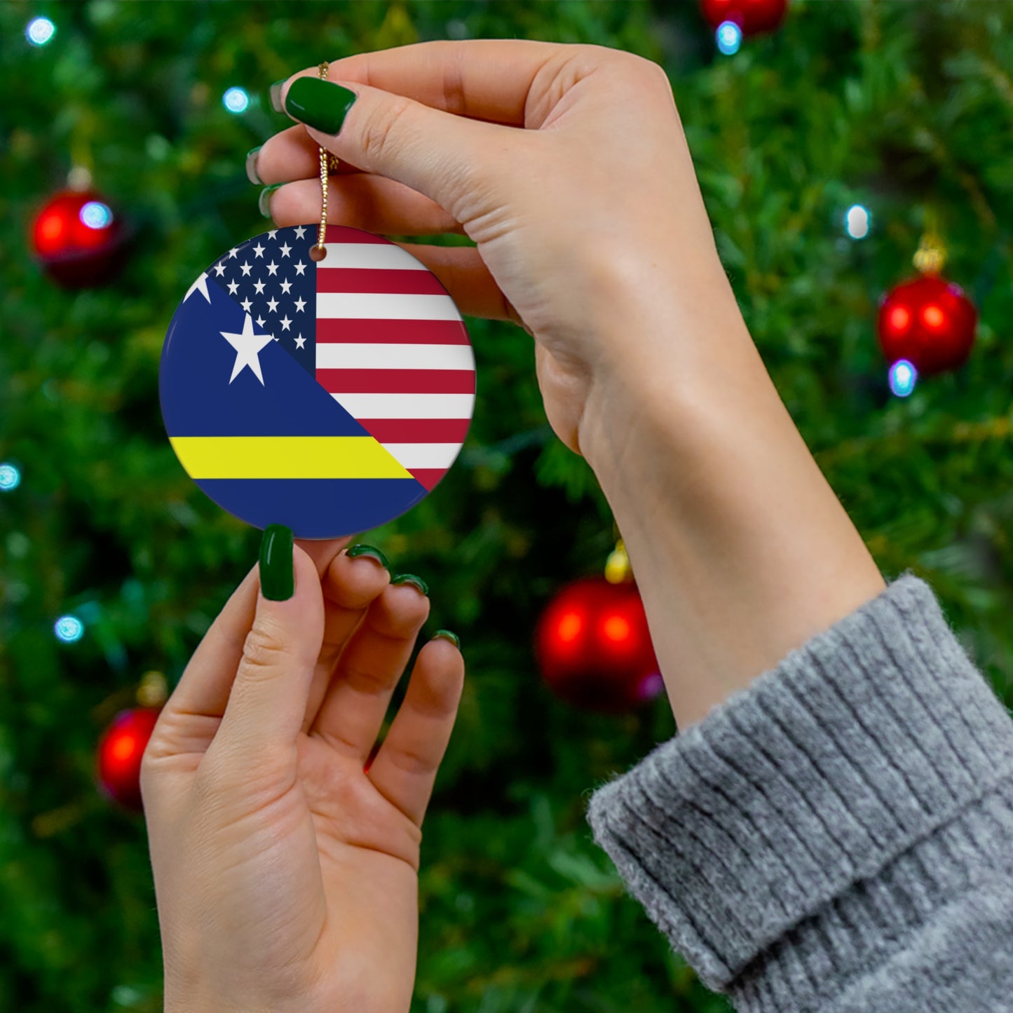 Curacao American Flag Half Curacaoan USA Ceramic Ornament | Christmas Tree Ornaments