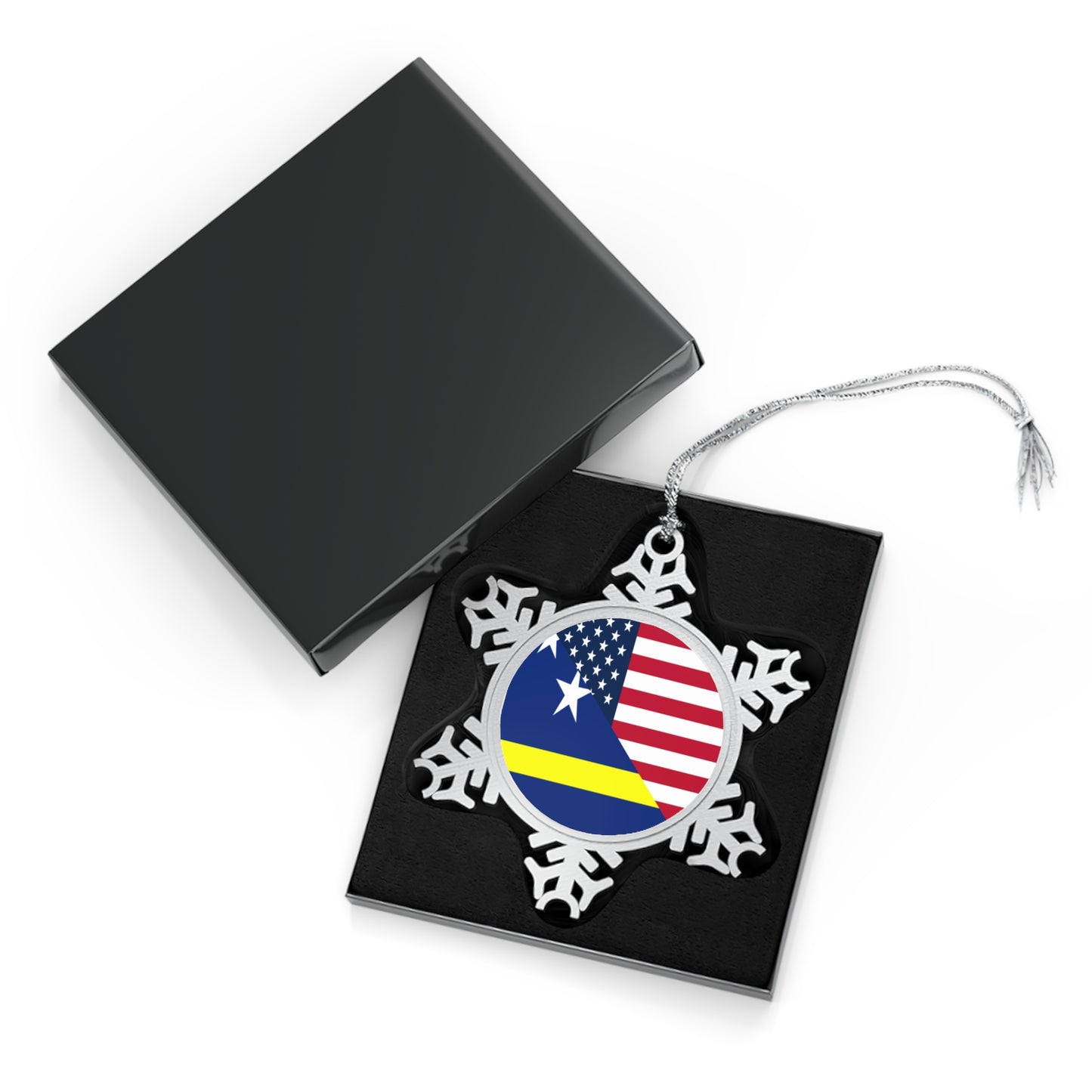 Curacao American Flag Half Curacaoan USA Pewter Snowflake Ornament