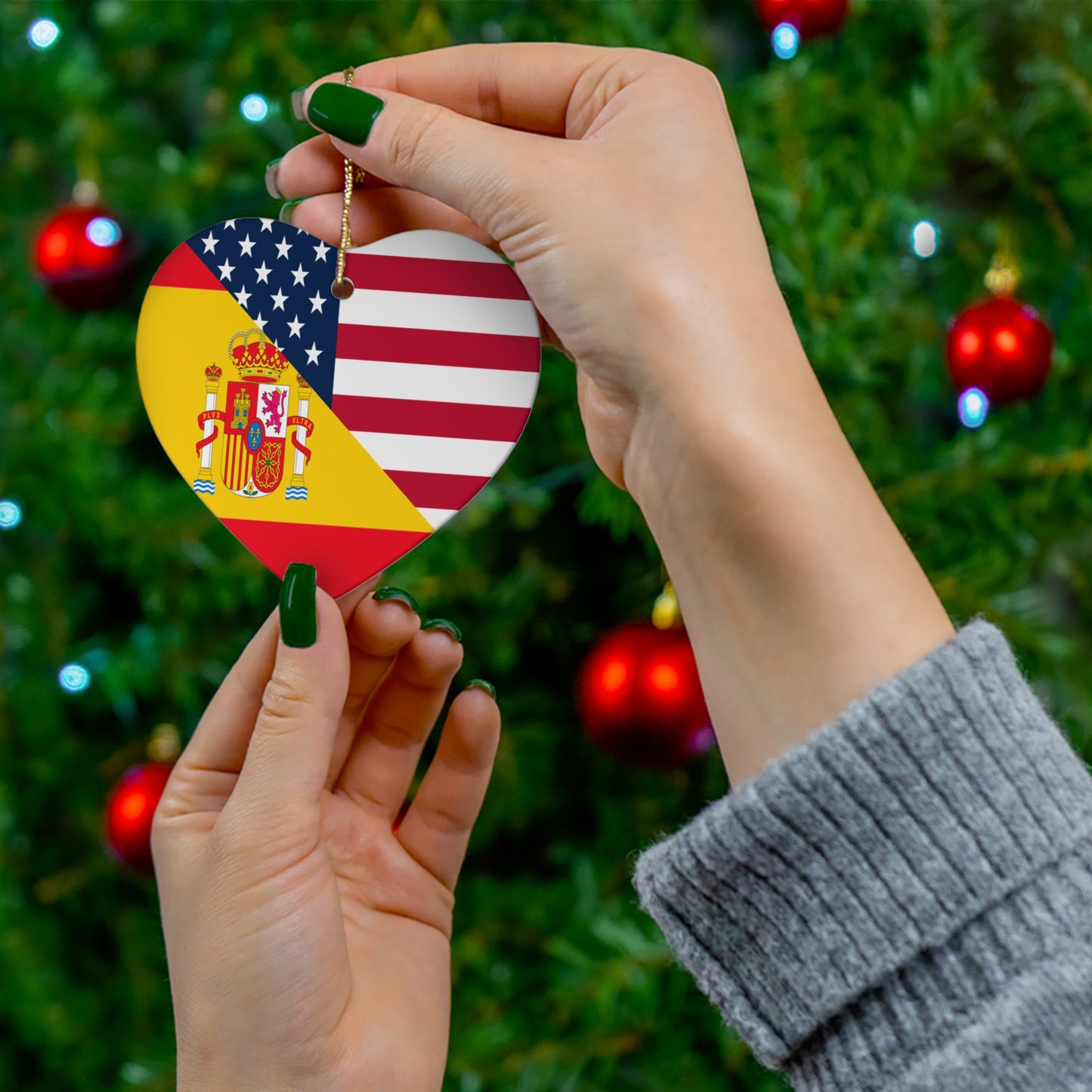 Spain American Flag Half Spanish USA Ceramic Ornament | Christmas Tree Ornaments