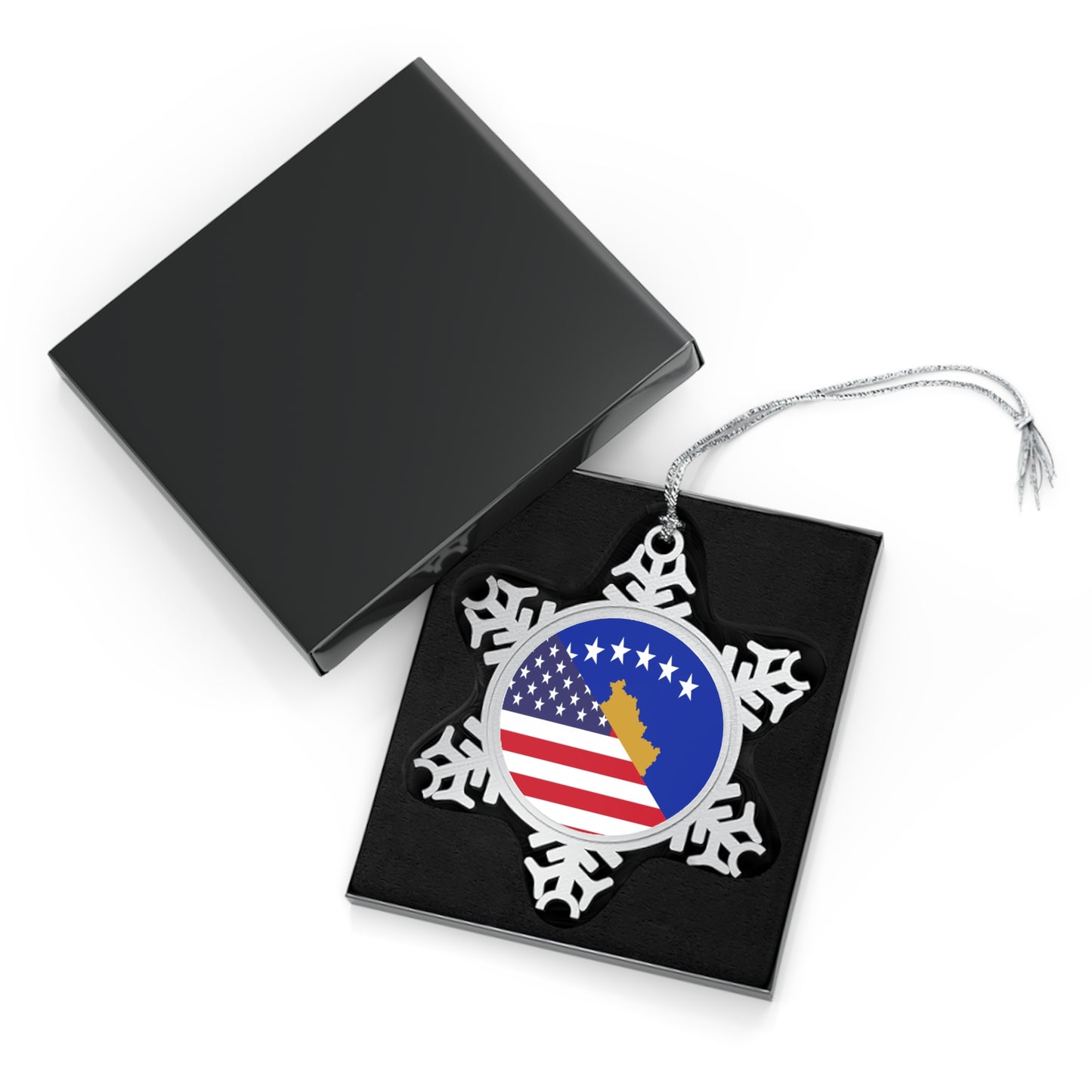 Kosovo American Flag Kosovar Pewter Snowflake Ornament