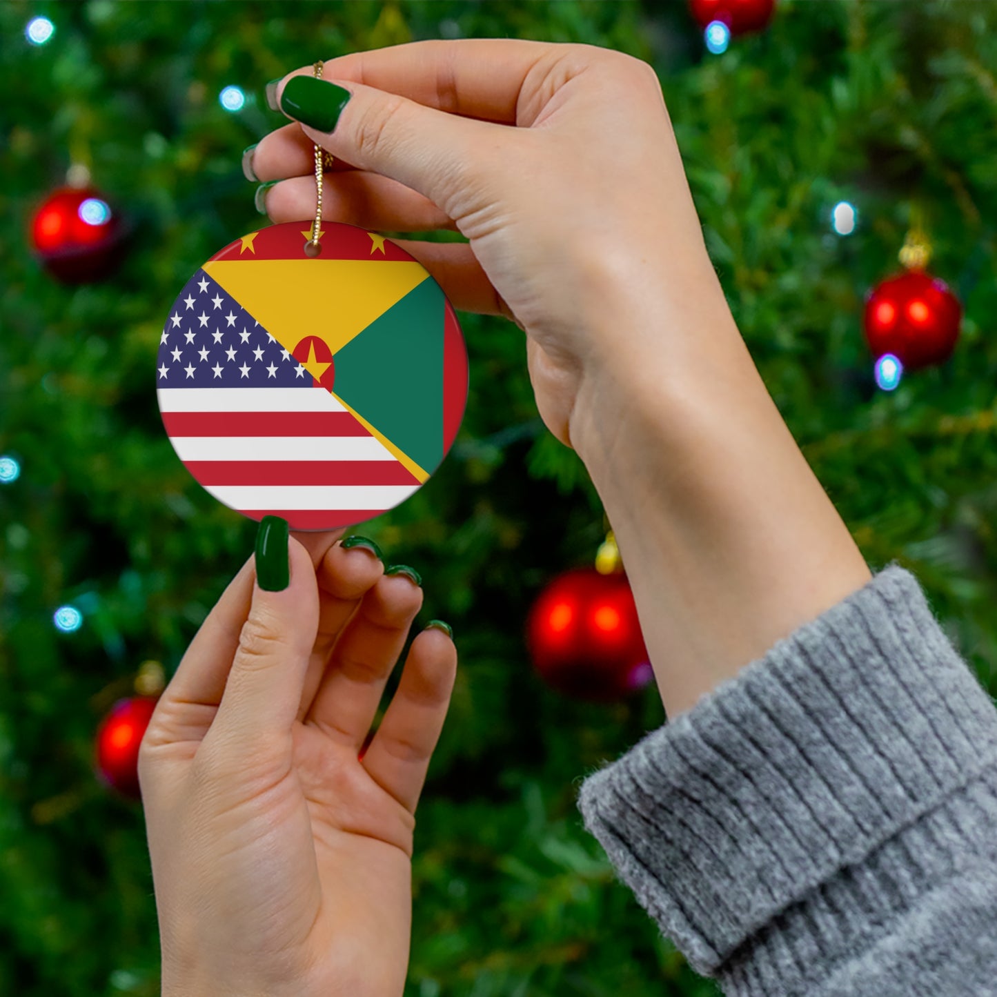 Grenadan American Flag Half Grenada USA Ceramic Ornament | Christmas Tree Ornaments