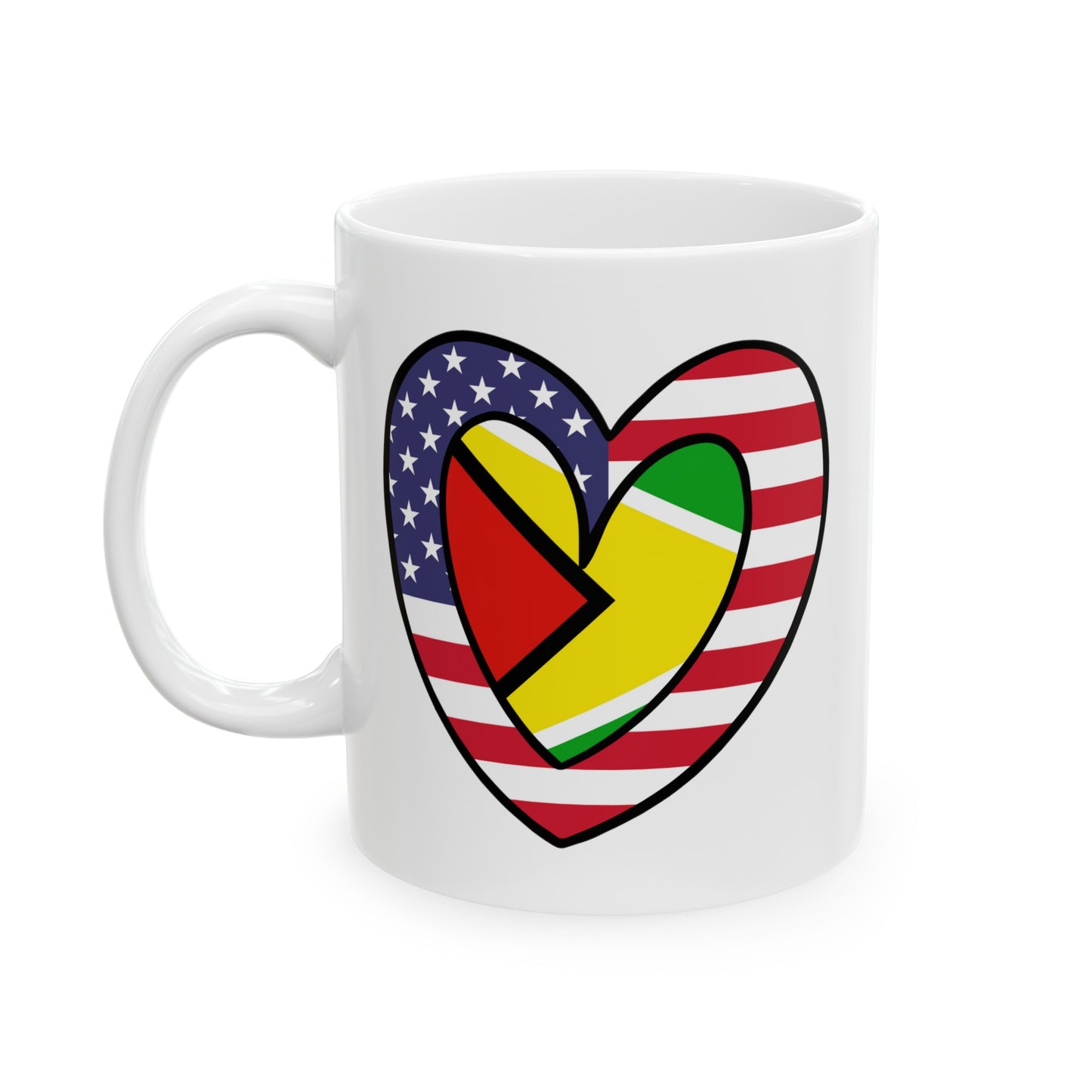 Guyanese American Heart Valentines Day Gift Half Guyana USA Flag Ceramic Mug 11oz, 15oz Cup